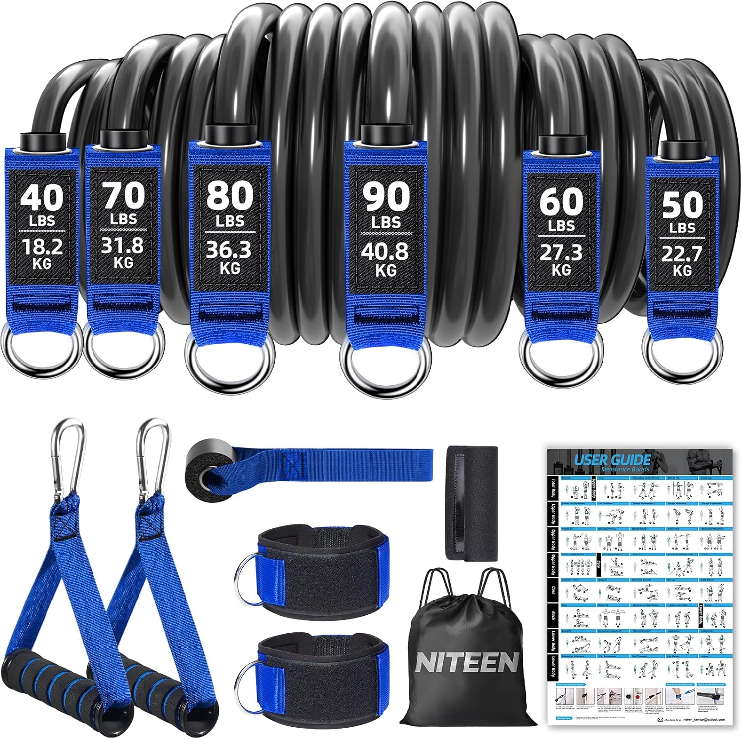 Heavy Resistance Bands for Working Out, NITEEN Resistance Bands with Handles Weight Exercise Bands for Men Women, Workout Bands with Door Anchor and Ankle Straps Strength Training Equipment