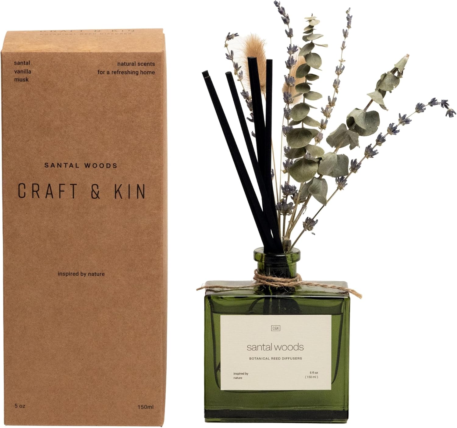 Craft & Kin Reed Diffuser with Dried Flowers | 5 oz Santal Woods Scented Reed Diffusers for Home, Bathroom | Scent Sticks | Elegant Fragrance Home Decor for Men & Women