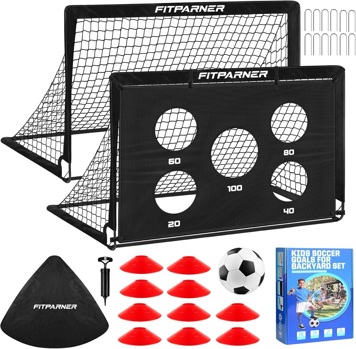 Kids Soccer Goals, 2 Pack 4×3 ft Soccer Nets for Kids Age 3-5 6-8 8-12 10-12-14, Backyard Training Equipment Set with Soccer Target, Ball, Cones for Soccer Practice,Outdoor Game, Ideal Soccer Gifts