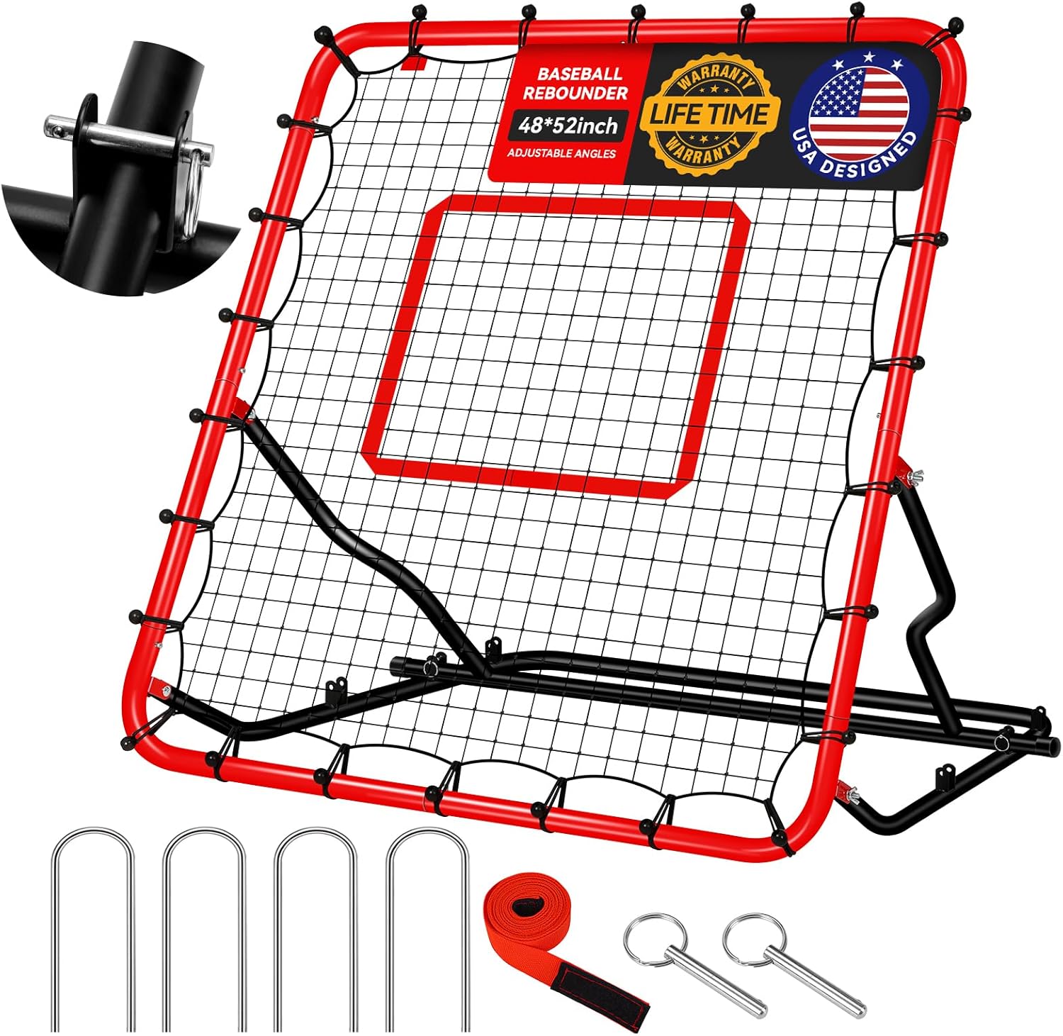 48x52inch Baseball Rebounder Anti-UV 3 Adjustable Angles Fielding Trainer, Volleyball Softball Football Rugby Baseball Bounce Back Net Stable Easy Storage Pitch Back Rebound Net with 4 Stakes