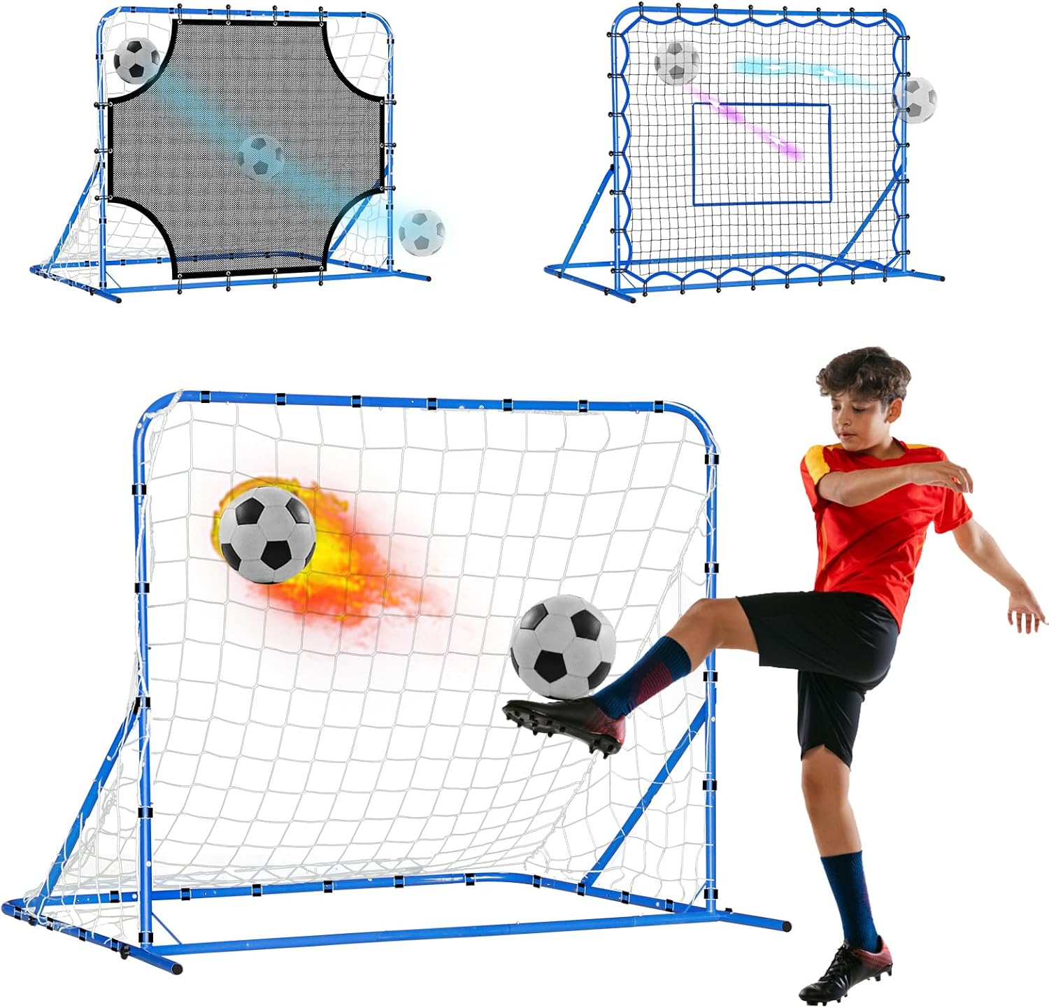 Three Mode Soccer Goal & Rebounder Net & Target Net,Four Targets for Precise Training,Tough-Built for Intense Shots,Quick-Switch Angle Soccer Training for Control/Passing Practice for Kids Teen
