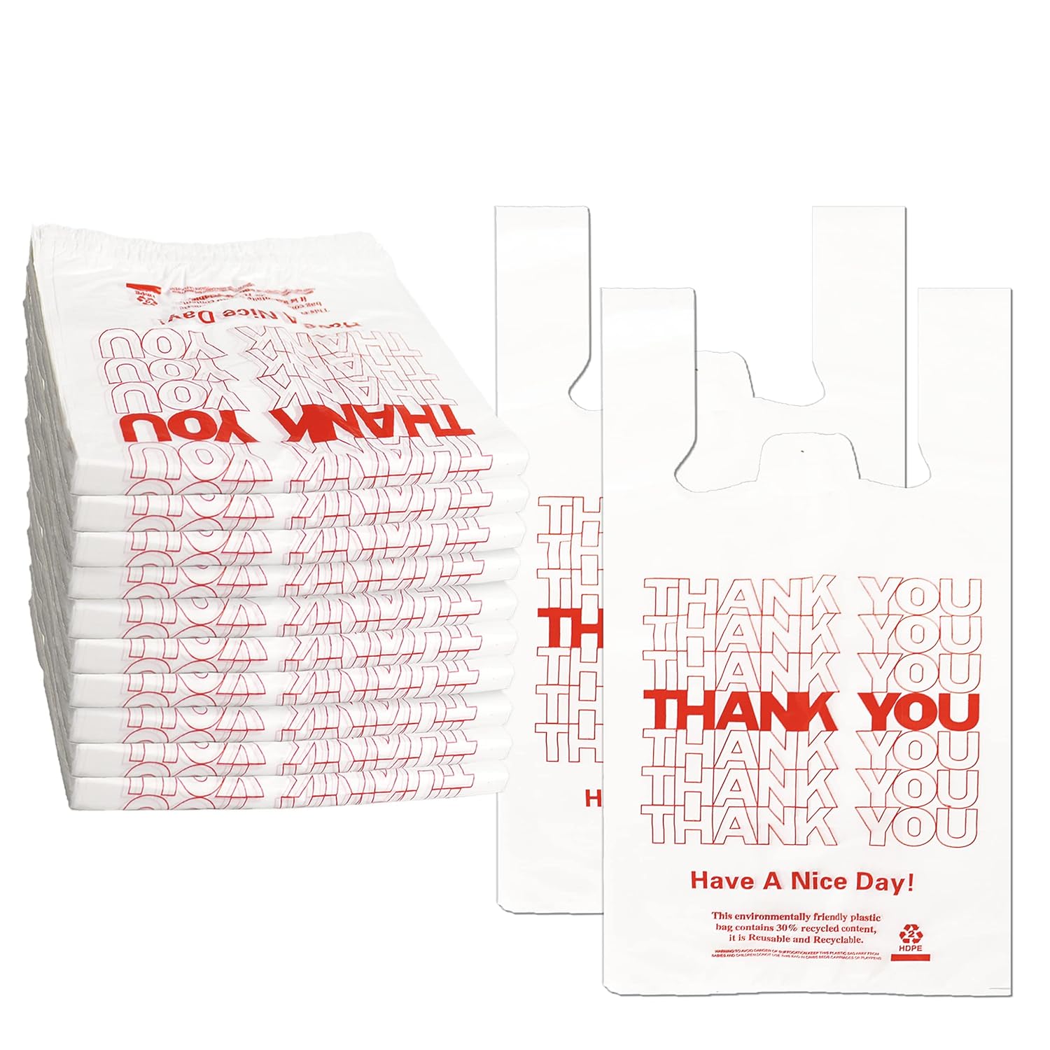 1000 Count White Disposable Thank You Bags with Handles – 11”x6”x21” Plastic Carry Bags for Retail/Supermarket