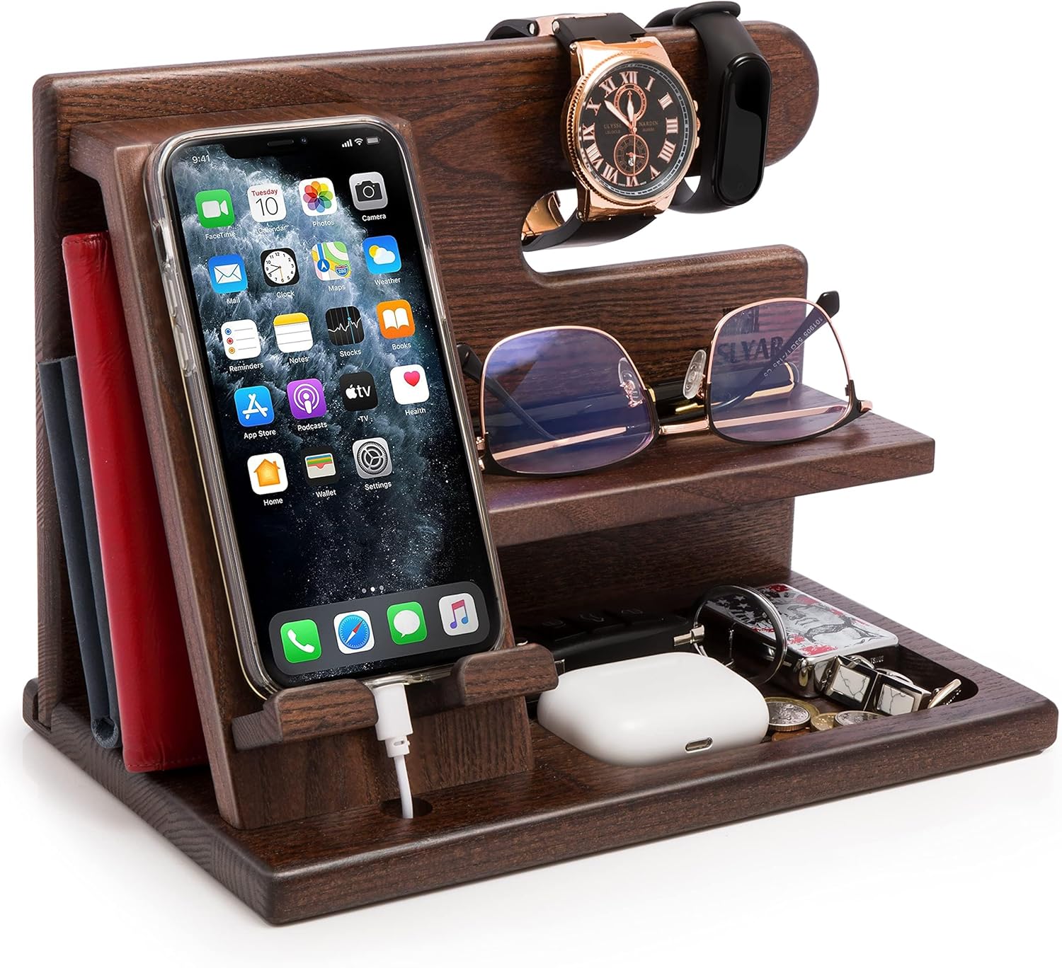 TESLYAR Wood Phone Docking Station for Men – Desktop or Nightstand Organizer – Birthday Gifts for Men, Dad – Anniversary Idea from Wife – Key Holder, Stand Wallet, Watch & Essentials (Antique Brown)