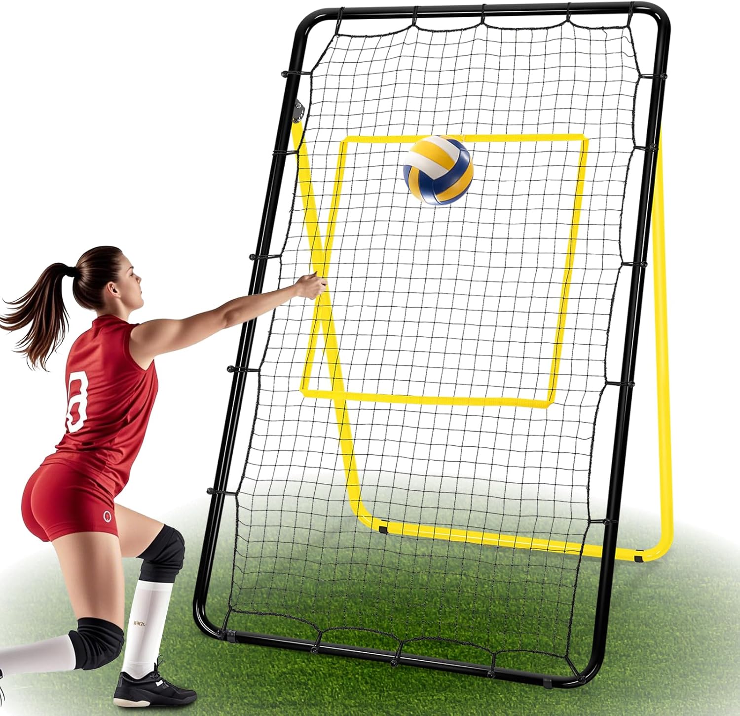 Volleyball Rebound Net 7×4 ft – 6 Angles Adjustable Volleyball Training Equipment Bounce Back Net with Sturdy Metal Stakes & Travel Bag, for Practicing Lacrosse, Baseball, Soccer,Tennis