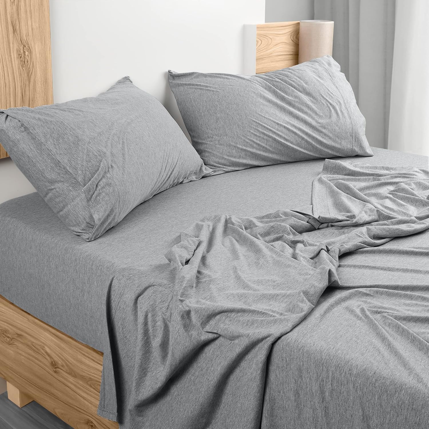 Utopia King Bedding Set – Jersey Knit Sheets 4 Piece – Cotton Stretchy T-Shirt Sheets (Heather Light Grey)