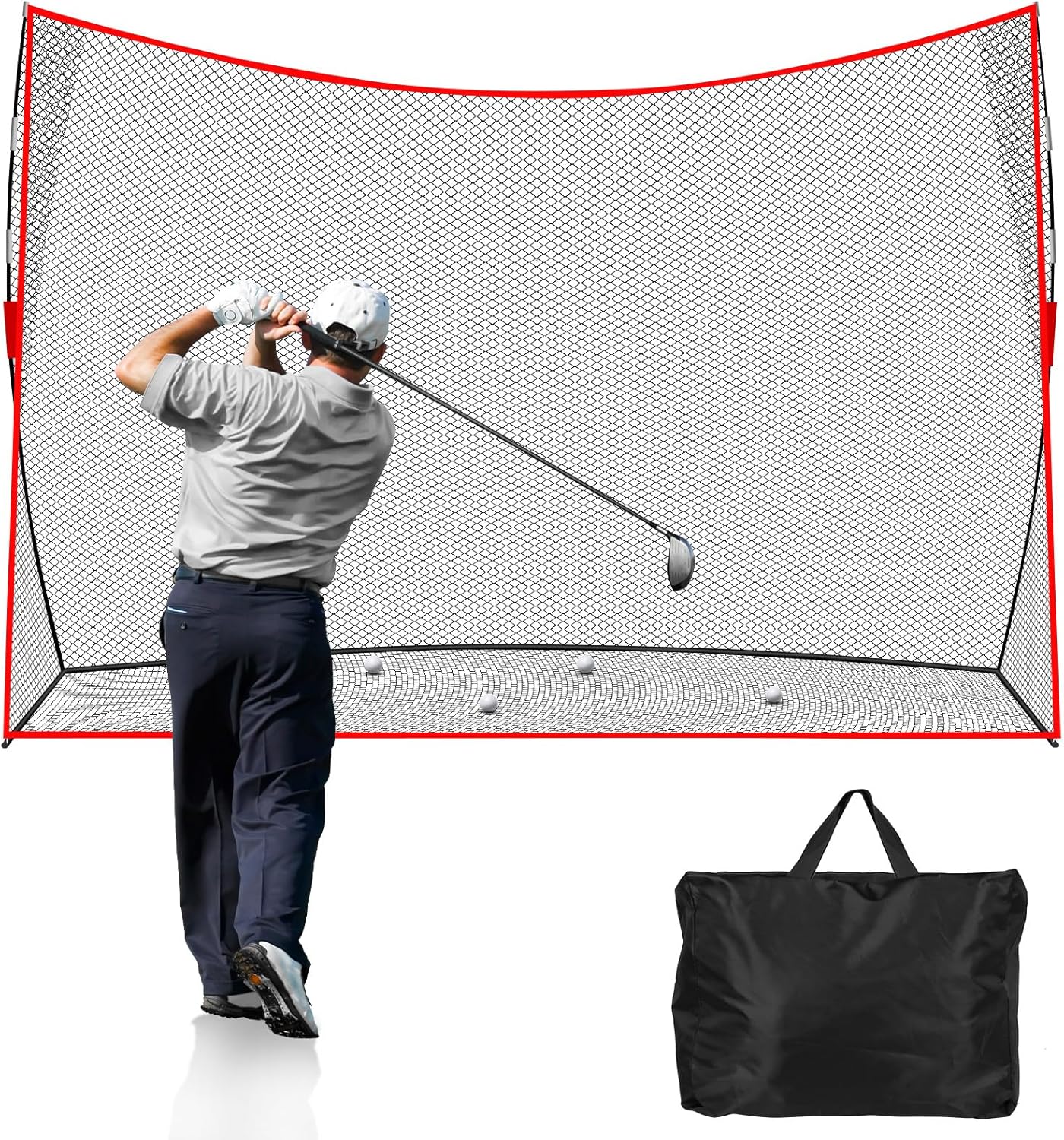 Golf Net: 10x7ft Heavy Duty Golf Practice Net for Indoor/Outdoor Training, Portable Golf Hitting Net with Carry Bag, Ideal Golf Training Aid for Golfers Backyard Driving Chipping Swing (Standard)