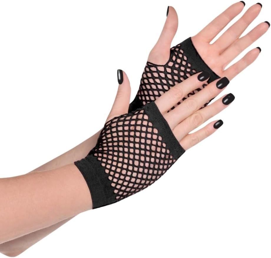80’s Punk Black Fingerless Fishnet Short Gloves – One Size, 2-Piece Set – Ideal for Christmas, Halloween, & Theme Parties