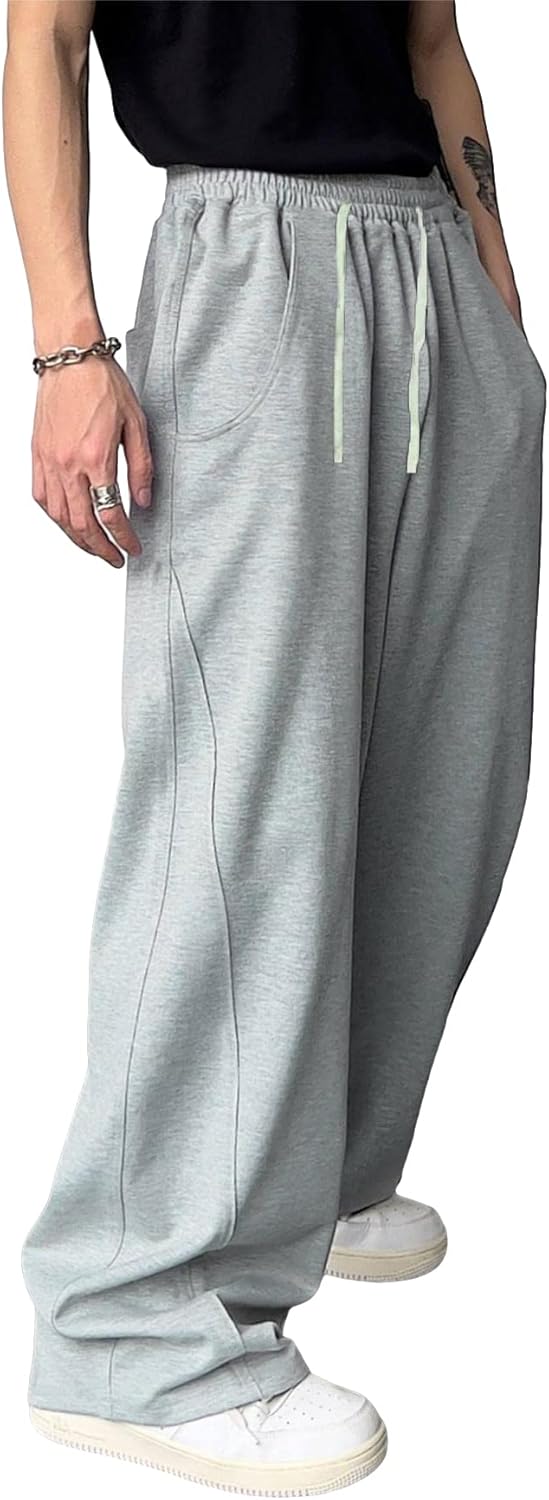 OYOANGLE Men’s Drawstring Elastic Waist Baggy Sweatpants Y2K Loose Wide Leg Long Pants with Pocket