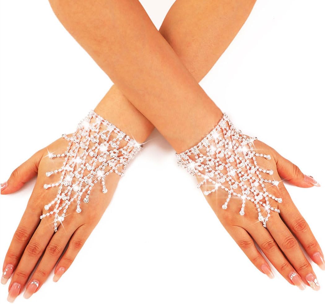 GORTIN Rhinestone Fingerless Gloves Silver Sparkle Wedding Glove Glitter Prom Hand Chain for Women