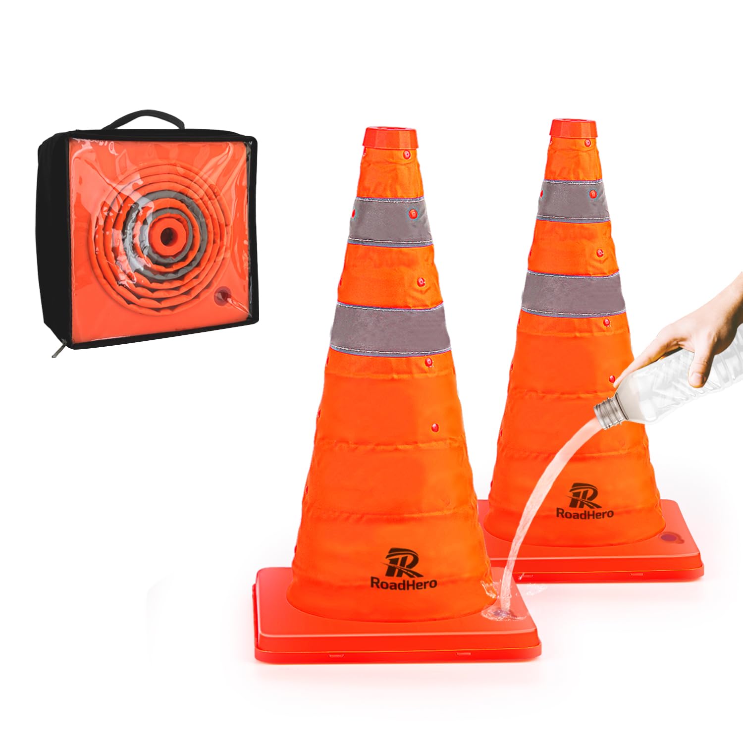 RoadHero Upgraded 18 Inch 2 Pack Collapsible Traffic Cones with Fillable Base, Pop-up Safety Cones with Reflective Collar for Road Safety, Orange Cones for Driving Training, Parking Lots