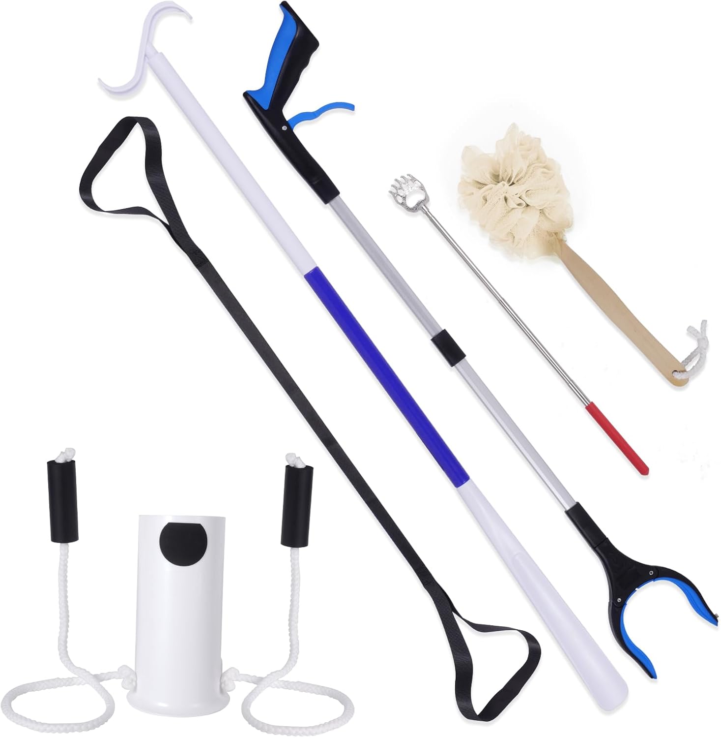 6 in 1 Hip Kit, Suitable for Elderly or Knee Back Surgery Patients, Hip Replacement Recovery Kit, Foldable Reacher, Shoe HornDressing Stick, Sock Aids, Long Leg Lifter, Back Scratcher, Loofah Brush