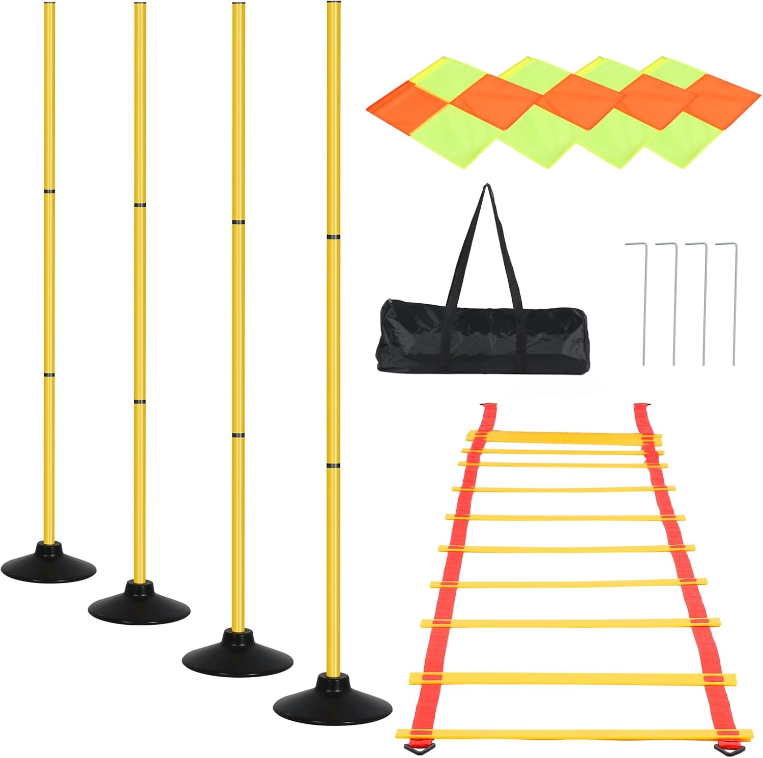 SMONTER Soccer Agility Poles, 47” Soccer Training Poles with Base, 4 Detachable Slalom Sticks with Agility Ladder Portable Speed Training Equipment for Football Exercise