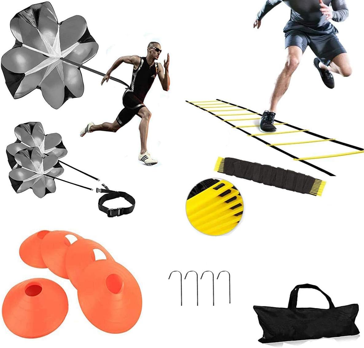 Speed Agility Training Kit-12 Rung 20Ft Agility Ladder, 5 Round Training Cones,Resistance Parachute, 4 metal Stakes & Carrying bag, football ladders for Faster Footwork and Better Movement Skills