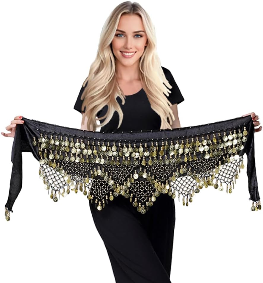 Women’s Belly Dance Hip Scarves Performing Glittering Sequined Coins Velvet 320 Coins Belly Dance Belt