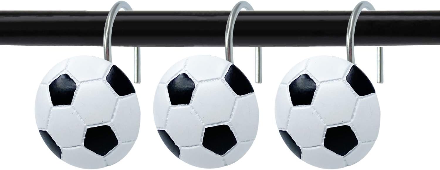 Set of 12 Soccer Shower Curtain Hooks Rings Sports Theme Style for Bathroom Home Decor Rustproof Accessories (Soccer)