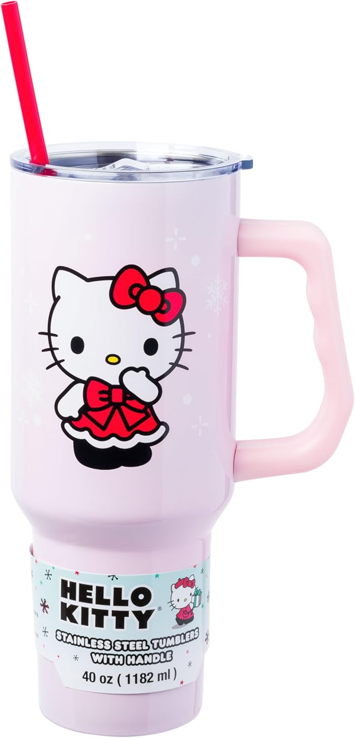 Silver Buffalo Sanrio Hello Kitty Christmas Holiday Dress and Matching Bow Snowflakes Stainless Steel Tumbler with Handle and Straw, Fits in Standard Cup Holder, 40 Ounces