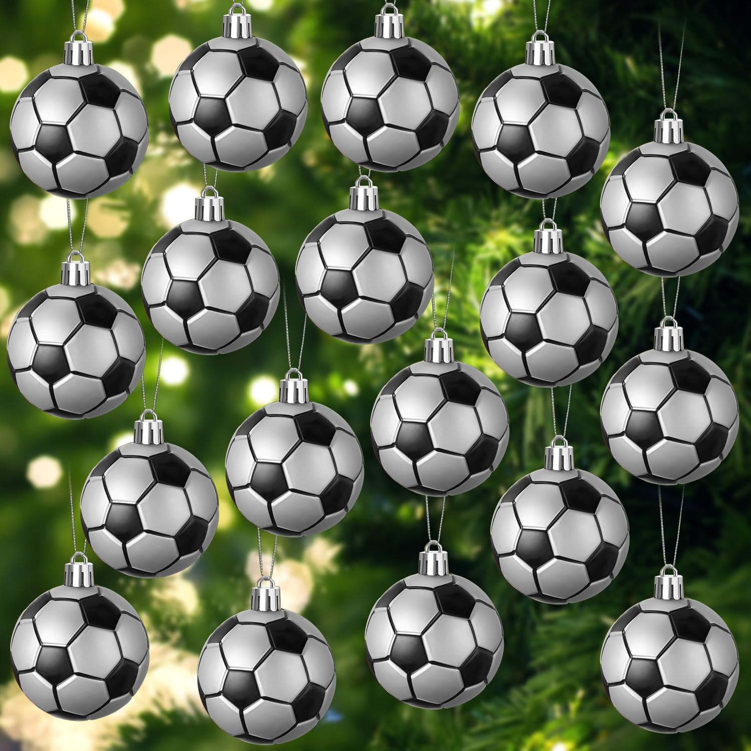 Christmas Plastic Ball 2.36 Inch Xmas Tree Ornaments with Hanging Loop Sports Theme Decorative Hanging Ornaments for Holiday Party Christmas Tree Home(18 Pcs,Soccer)