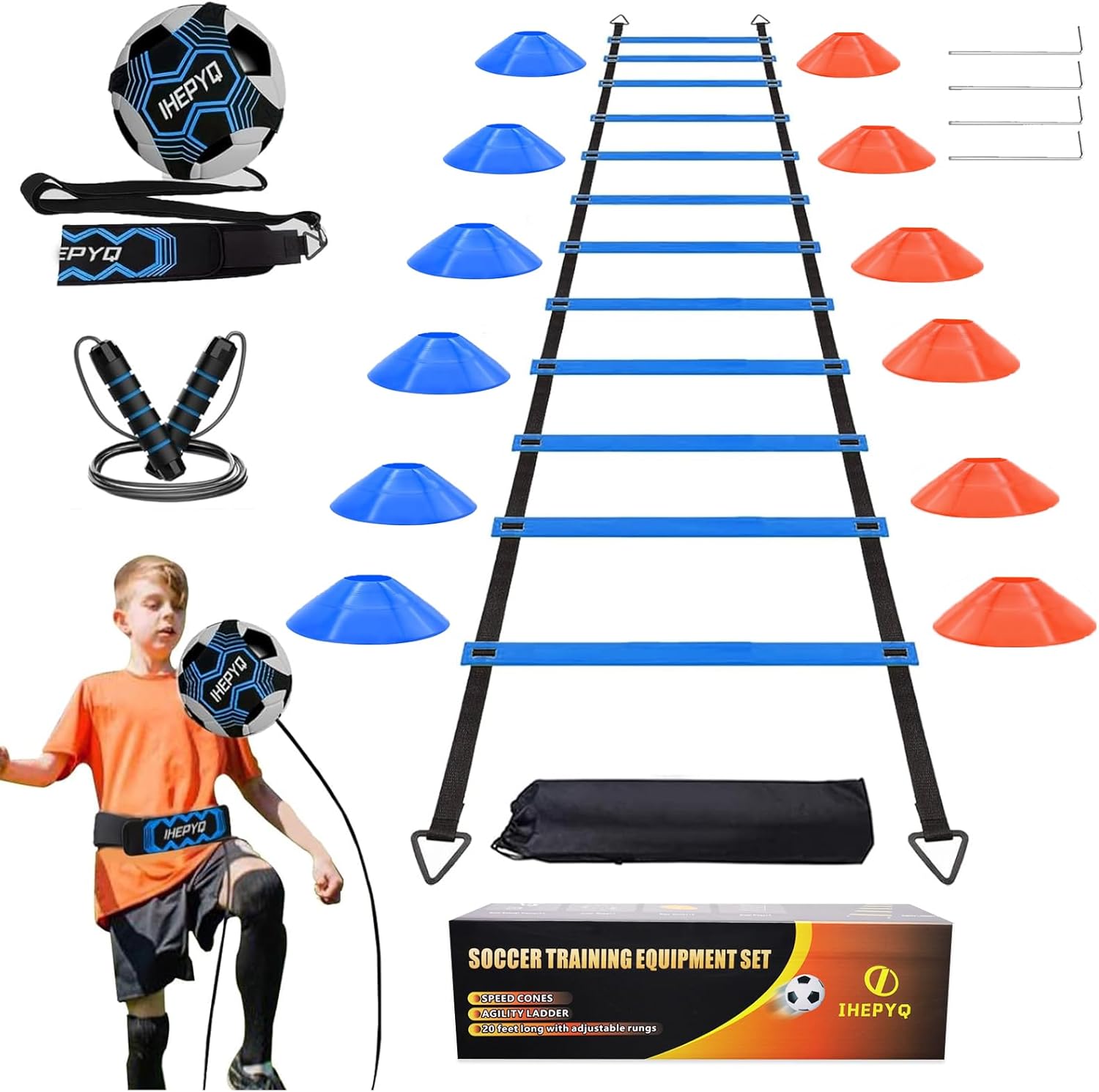 Soccer Agility Training Equipment Set, 12 Rung 20Ft Agility Ladder, 12 Disc Cones, 4 Steel Stakes, Solo Soccer Trainer, Jump Rope – Speed Training Equipment for Soccer Football Basketball