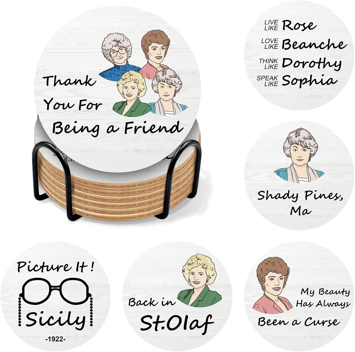 Golden and Girls Coasters for Drinks, Funny Drink Coasters with Coaster Holder Set of 6, Golden TV Show Themed Merchandise Gifts for Fans, Bar Cork Coasters for Coffee Desk Table