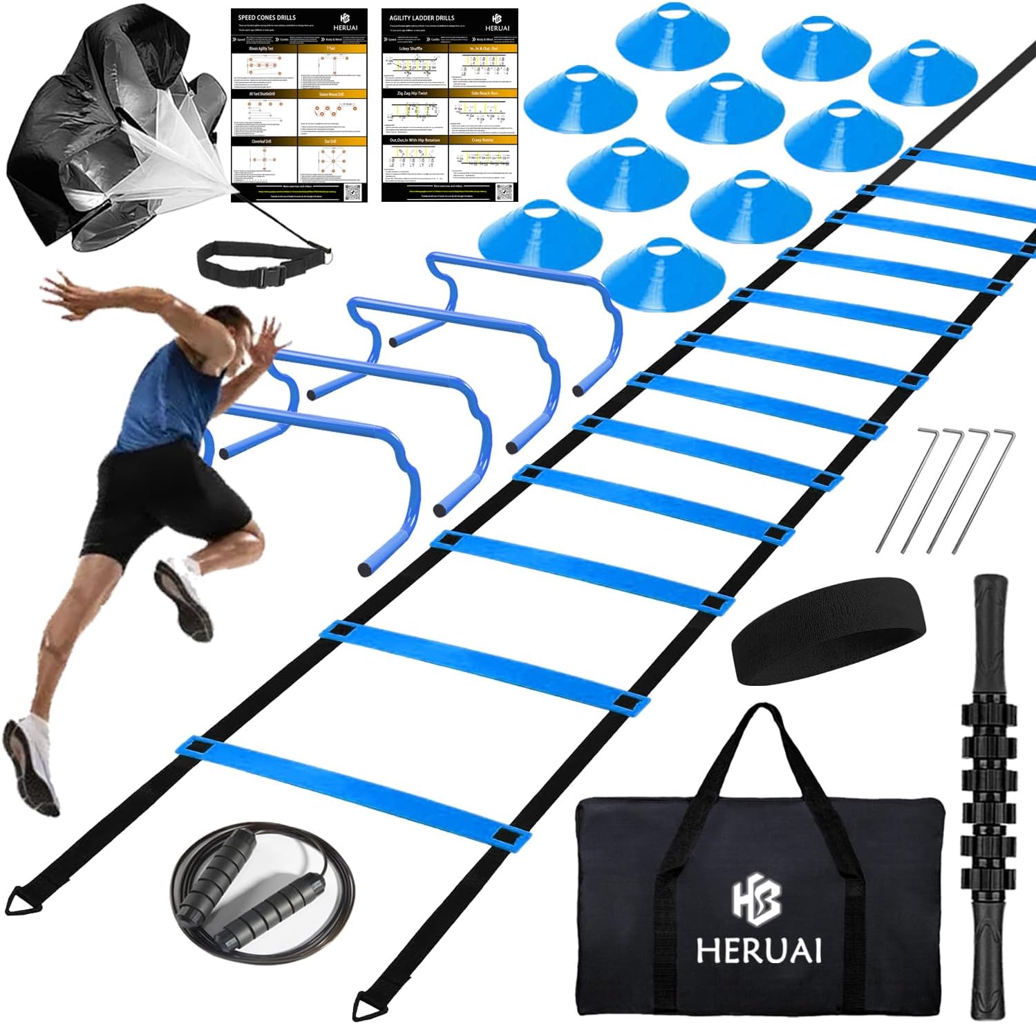 Agility Ladder Speed Training Equipment Set, 20ft Speed Ladder, 4 Hurdles, 10 Speed Cones, Running Parachute, Football Basketball Soccer Training Equipment for Kids Youth Adults – Enhance Speed