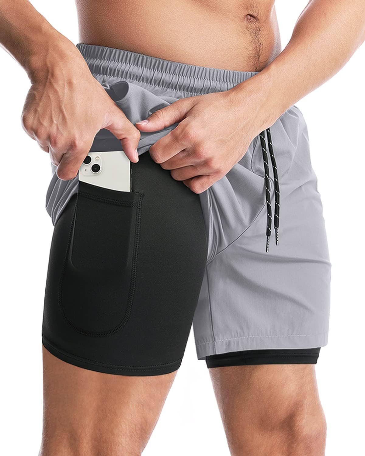 Aolesy Men’s 2 in 1 Running Shorts – 5″ Workout Gym Athletic Shorts Quick Dry Lightweight Training Shorts with Pockets