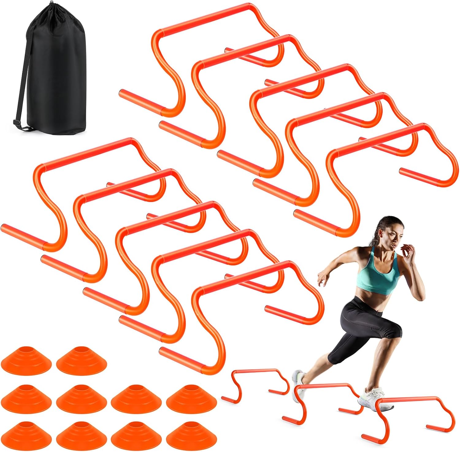 Agility Hurdles Training Equipment – 10 Speed Hurdles and 10 Soccer Cones with Carrying Bag for Soccer, Football, and Track Drills, Ideal for Athletes Speed and Agility Training