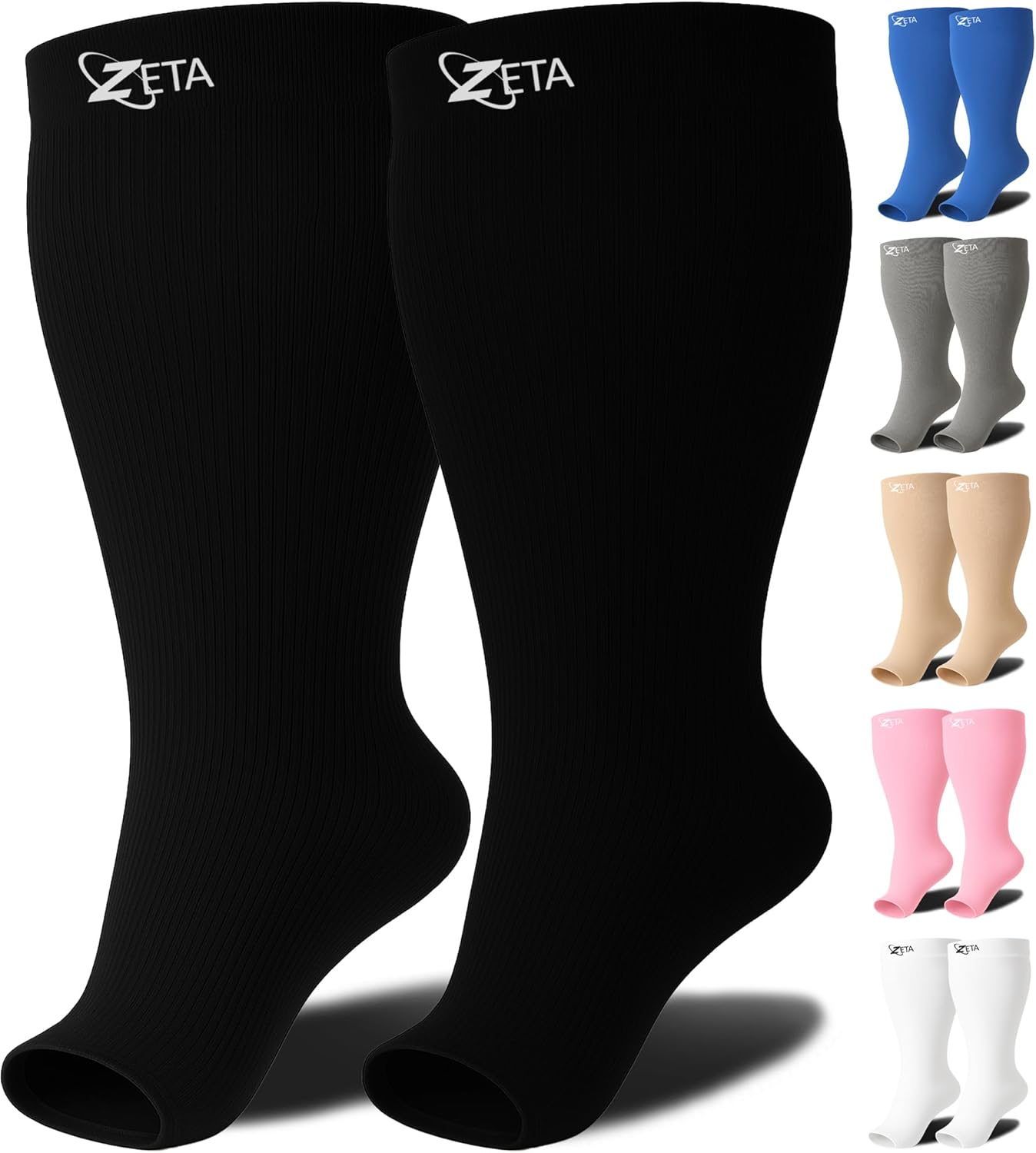 Zeta Wear Open Toe Plus Size Support Socks – Wide Calf Compression, Great for Travel & Flights, Men & Women Love Its Amazing Fit, Soothing Relief