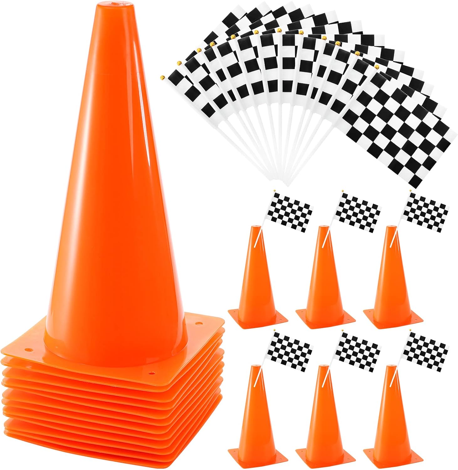 Bekith 12 Pack 12 Inch Plastic Traffic Cones with Racing Chequered Flags, Orange Agility Sports Cones, Thick Soccer Training Cones for Outdoor Activity, Festive Events, Fitness Training