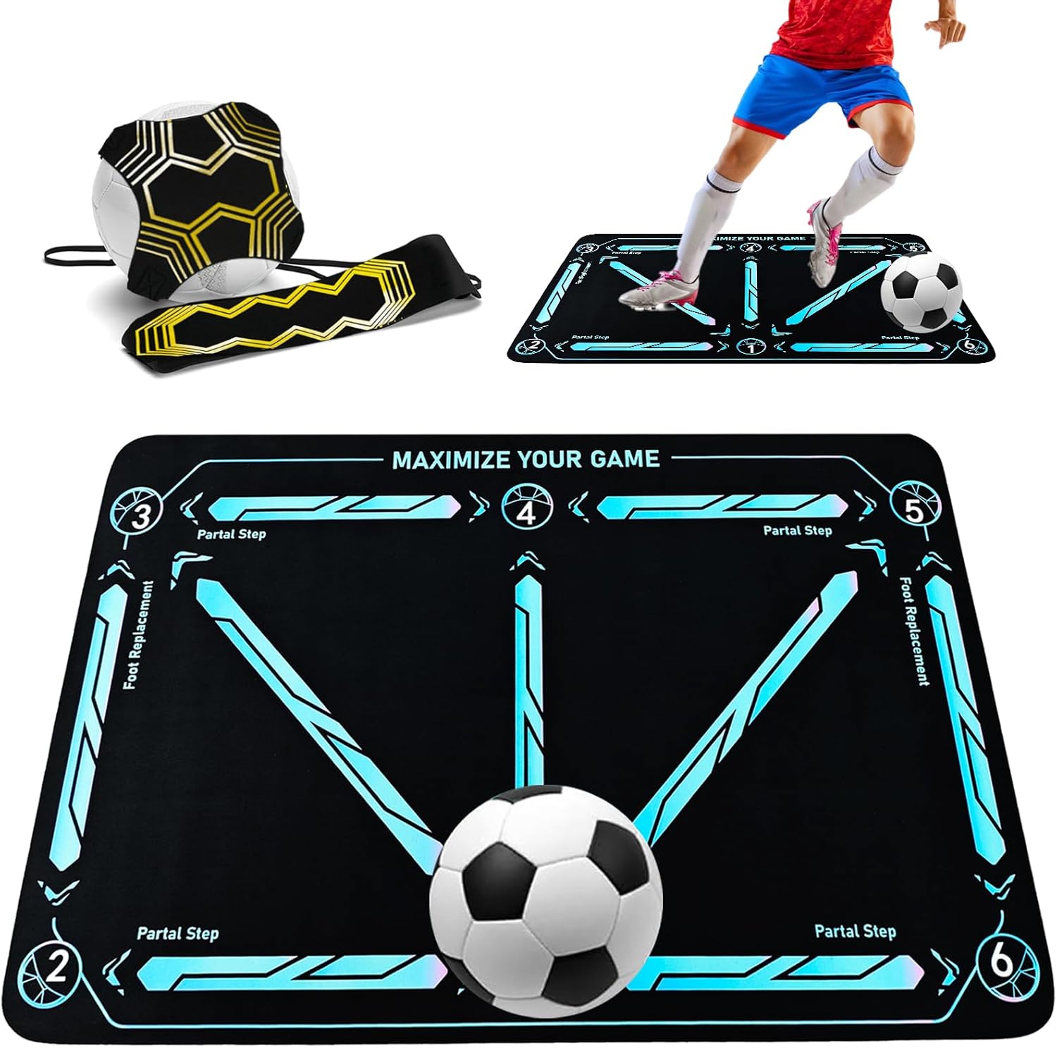 Soccer Training Mat with Adjustable Soccer Trainer – Non-Slip Soccer Training Equipment for Kids Youth to Boost Speed, Strength & Coordination | Soccer Trainer for Indoor/Outdoor Drills