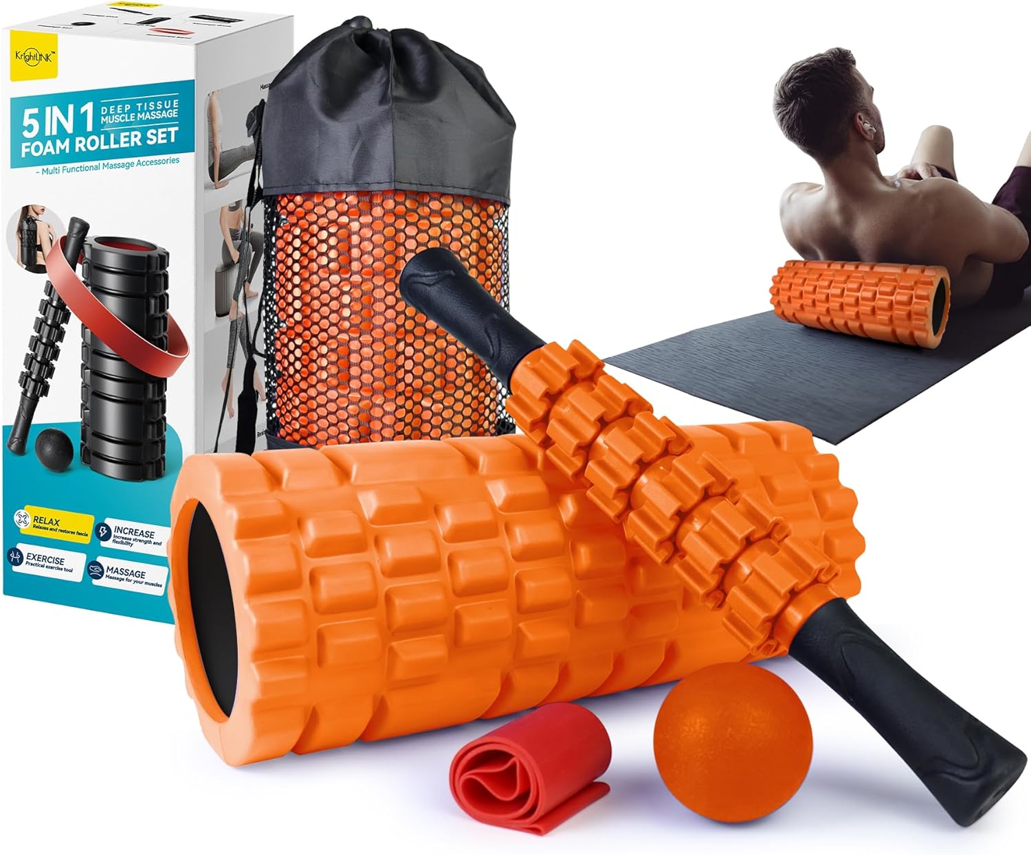 5 in 1 Foam Roller Set for Deep Tissue Muscle Massage, Trigger Point Fitness Exercise Foam Roller, Massage Roller, Massage Ball, Stretching Strap, for Whole Body (Orange Black)