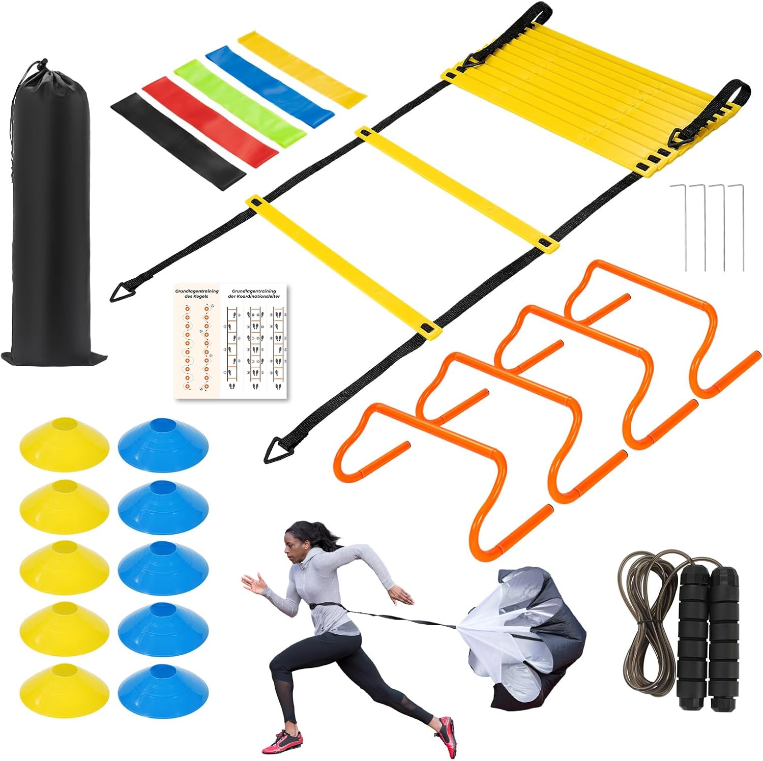 HOMEE Agility Ladder 12 Rungs 20FT Speed Training Equipment with Cones,Resistance Bands,Metal Stakes,Speed Ladder,Resistance Parachute,Jump Rope and Carrying Bag for All Ages
