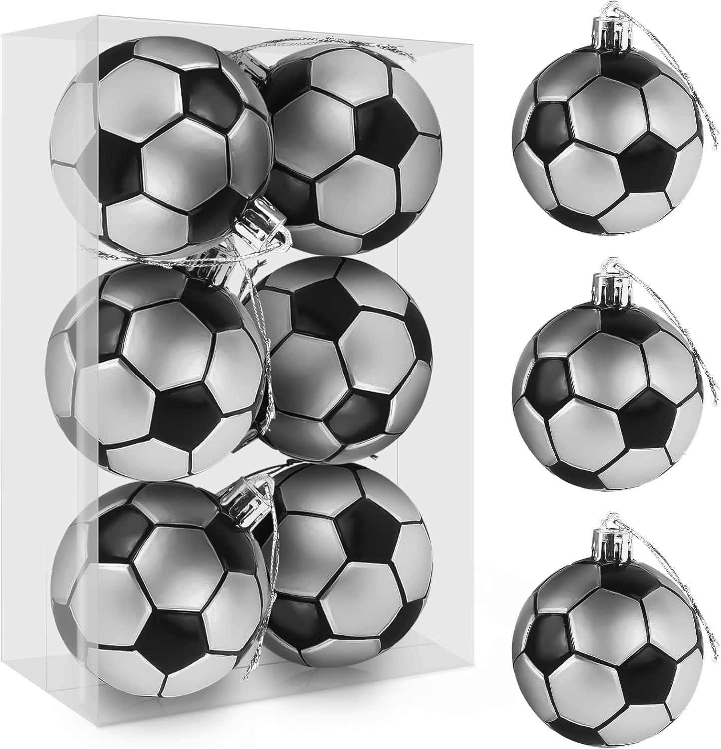 Mupera 6-Pack Shatterproof Soccer Christmas Balls – Sports Theme Xmas Ornaments with Hanging Loops, for Tree, Party & Home Decor (Premium Shatterproof, 2.8″)