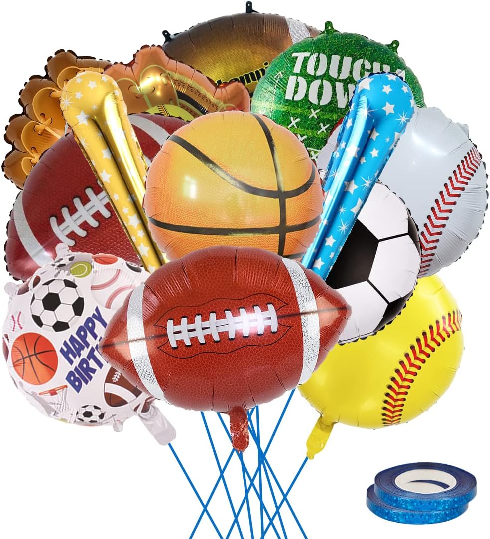 14 Pieces Sports Foil Balloon Set, 18 Inch Sports Theme Birthday Party Supplies Decorations, Football, Basketball, Baseball, Golf and Soccer Foil Balloon for Ball Fans Club, Home Decor