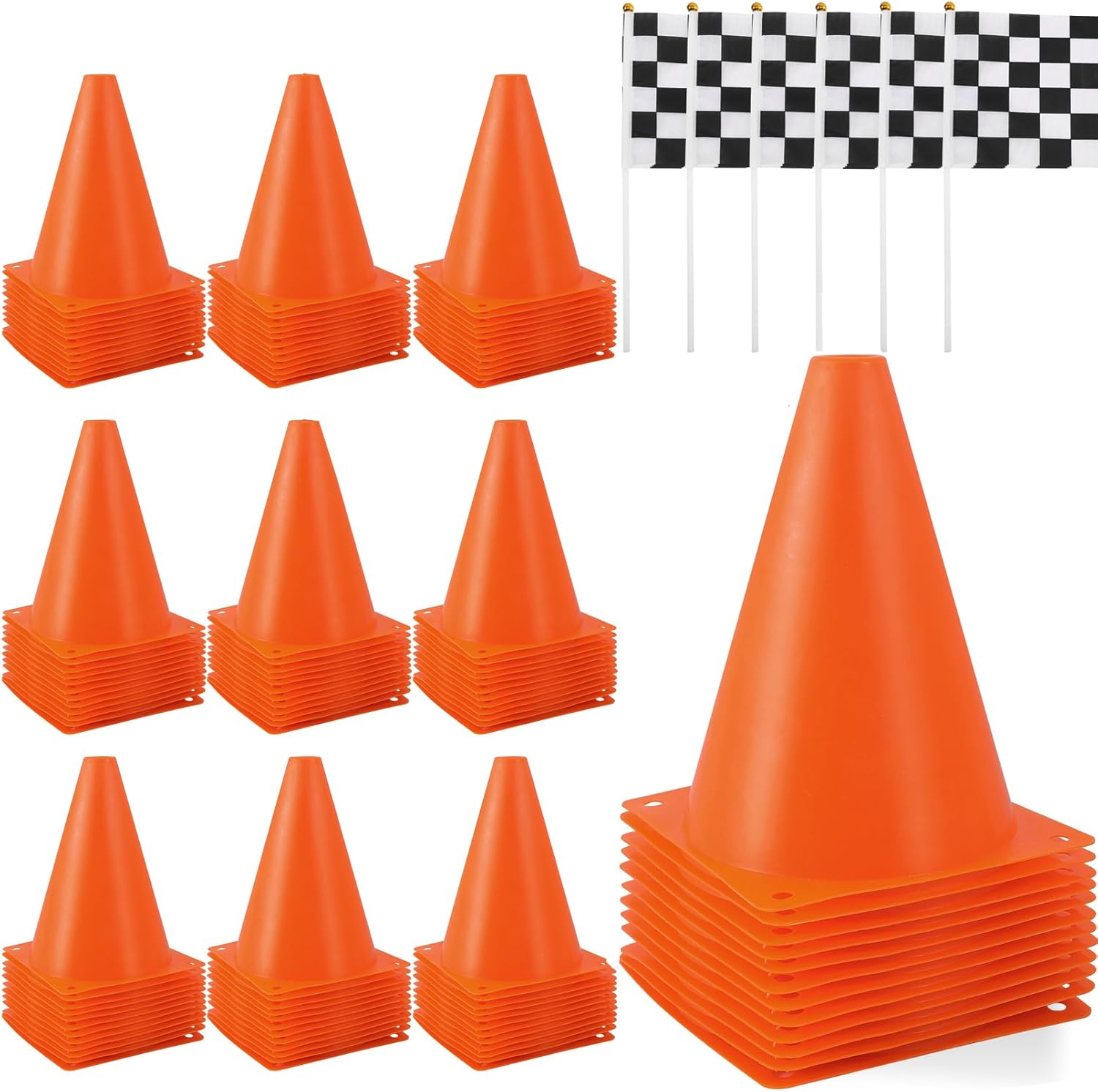 24 Pcs Traffic Cones and Racing Checkered Flags,12 Plastic Traffic Cones,12 Checkered Flags on Sticks,Orange Sports Cones Soccer Training Cones for Outdoor Activity,Race Car Party Supplies