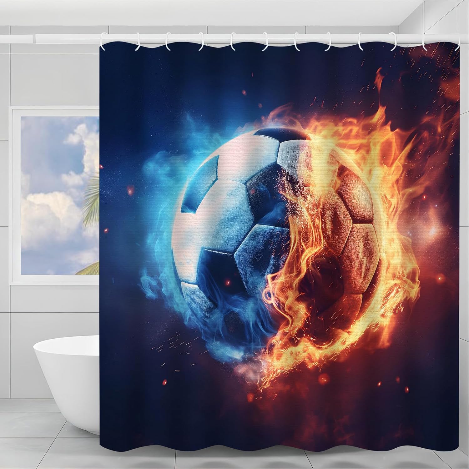 Fiery Soccer Ball Shower Curtain with 12 Hooks 72×72 Inch, Dynamic Sports Theme, Washable Polyester Fabric for Bathroom Home Decor, Bath Curtains Gifts for Soccer Fans and Athletes
