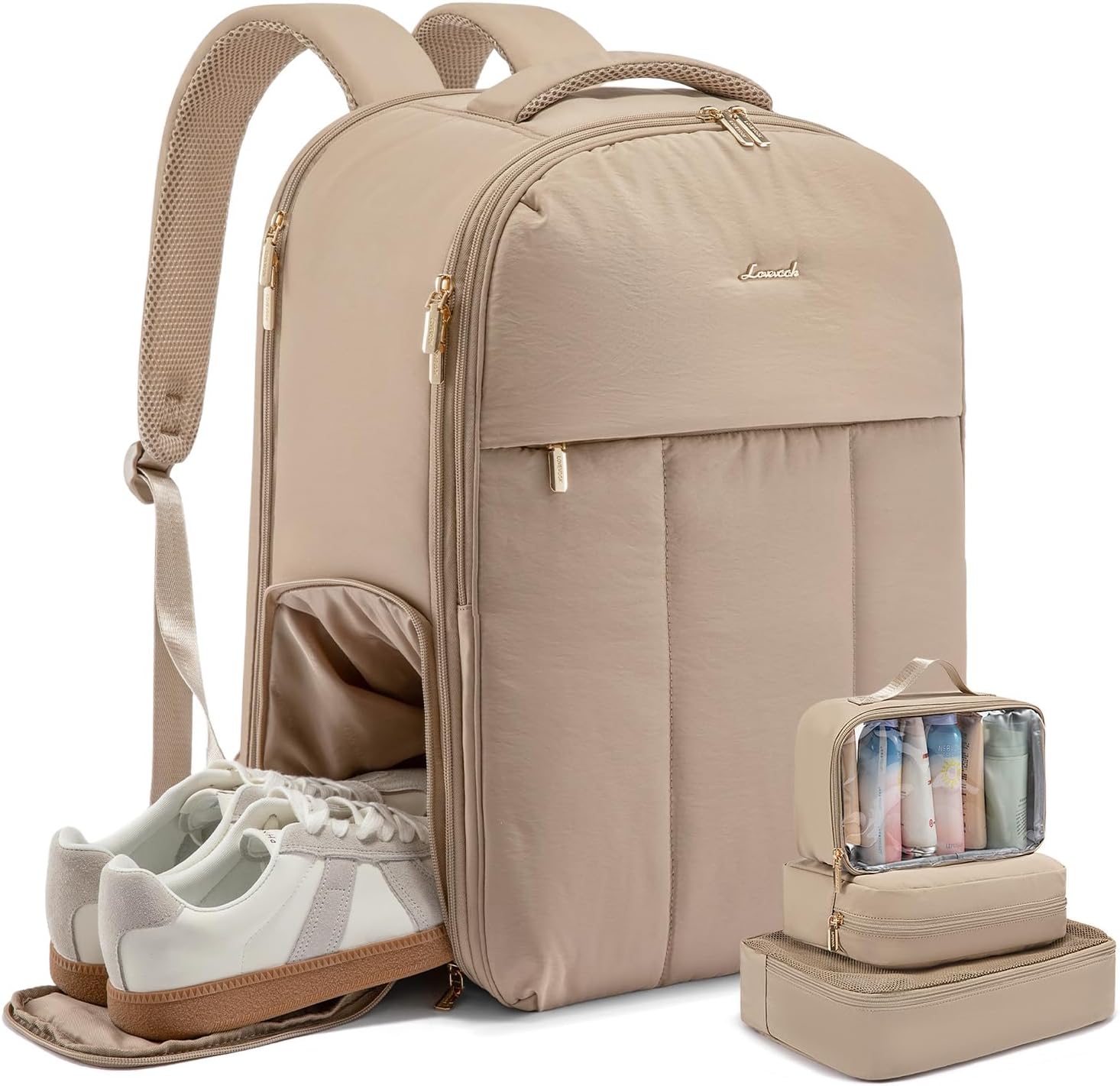 LOVEVOOK Travel Backpack for Women with Shoe Compartment, Puffer Carry on Backpack Flight Approved 50L Personal Item Travel Bag Fits 18inch Laptop, Waterproof Lightweight Bags with 3 Packing Cubes