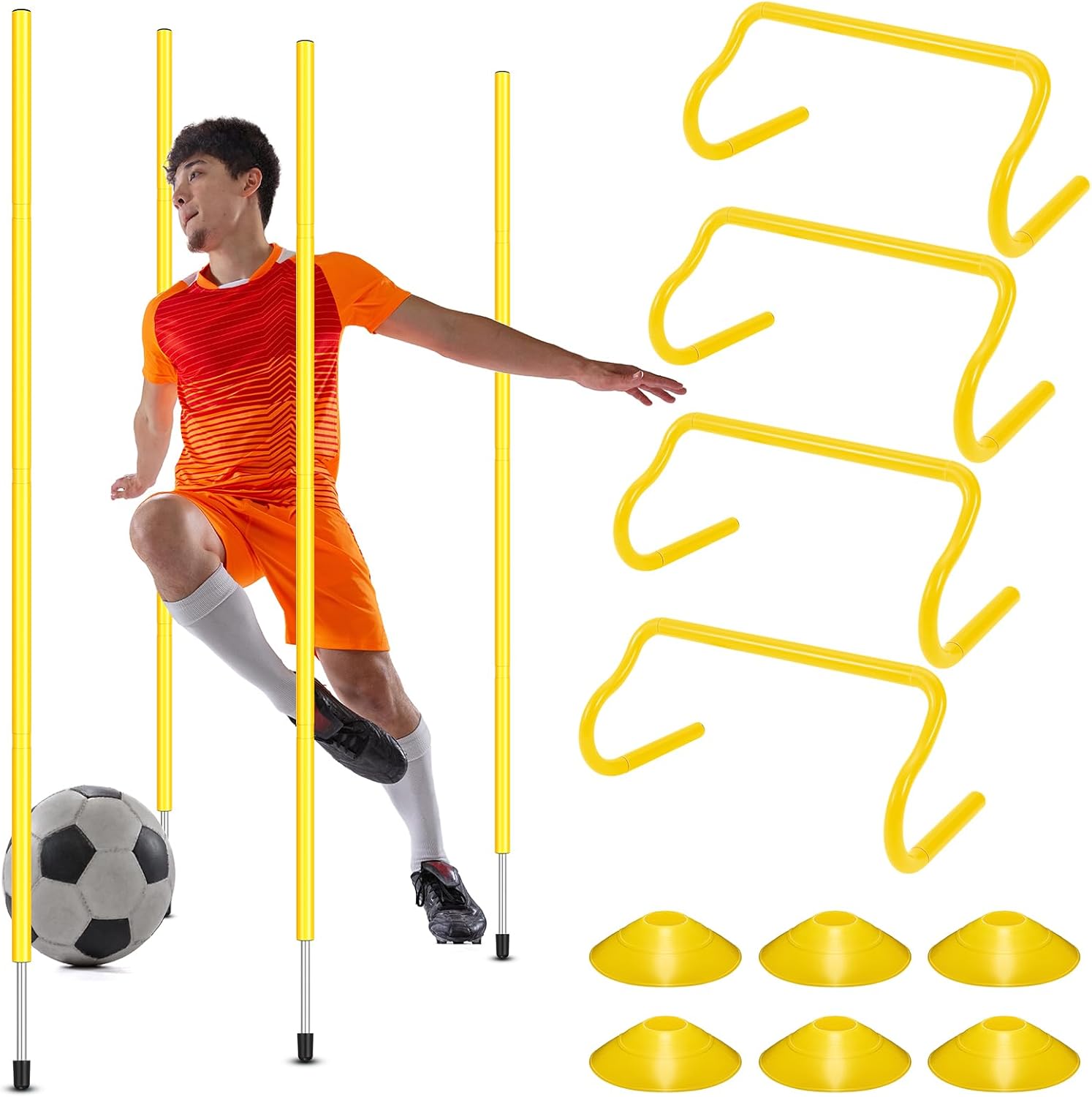Agility Training Equipment Soccer Speed Training Includes 4 Adjustable Soccer Agility Poles 4 Agility Hurdles 6 Soccer Cones for Youth Adults Athletes Football Soccer Training