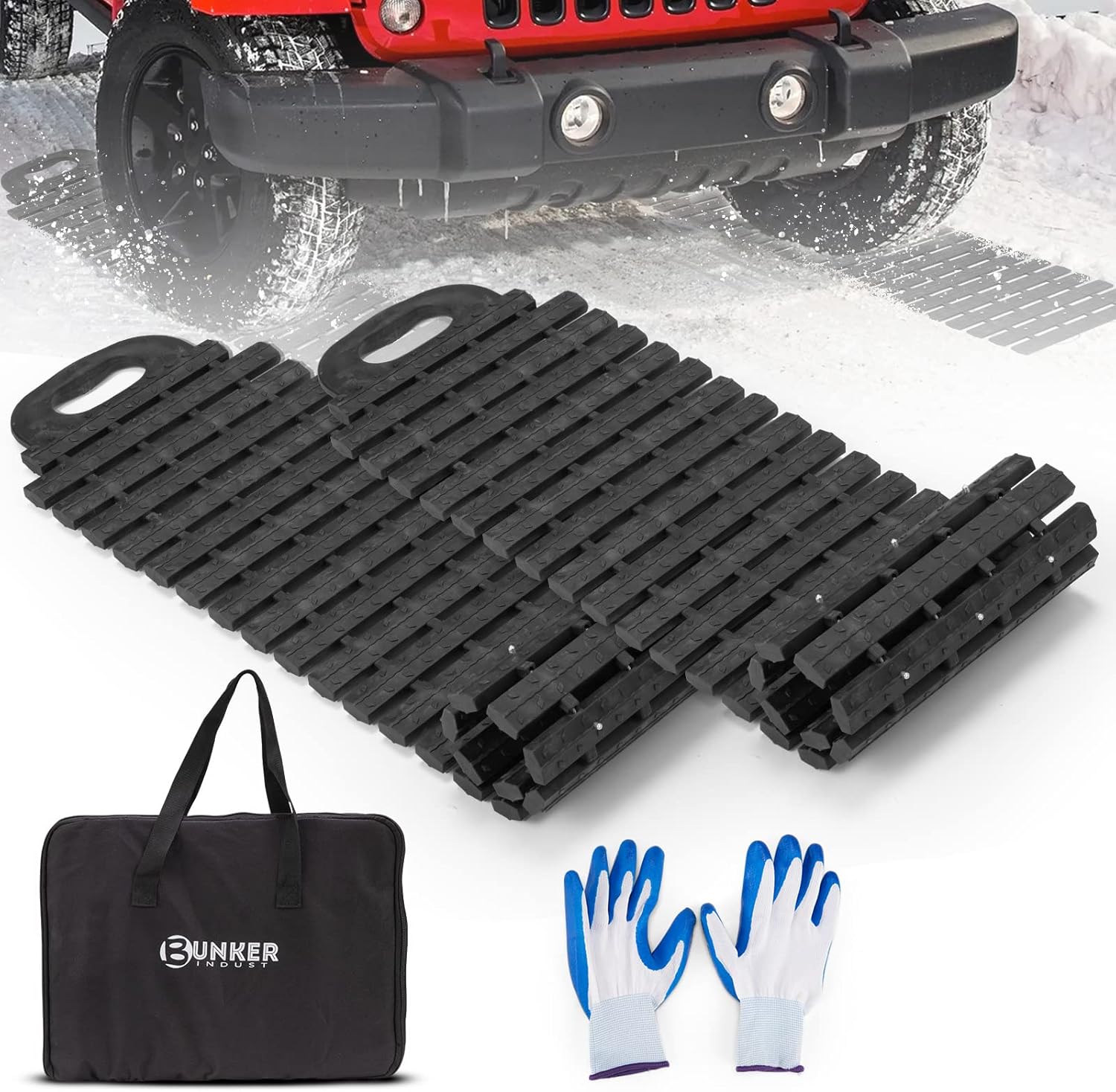 BUNKER INDUST Tire Traction Mats Portable Recovery Tracks for Off Road 4X4 Snow, Ice, Sand,Emergency Devices with Bag Gloves for Cars, Trucks, Van(2 Pack)