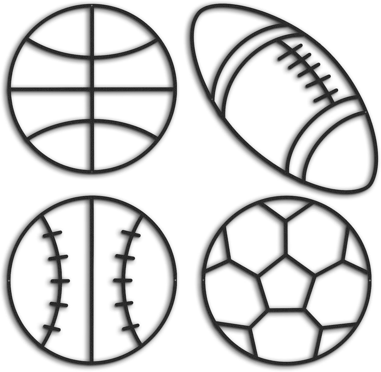 Funrous 4 Packs Sports Room Decor for Boys Metal Modern Soccer Wall Art Decor Black Basketball Baseball Football Hanging Room Decorations for Kids Boy Sports Playroom Bedroom Nursery