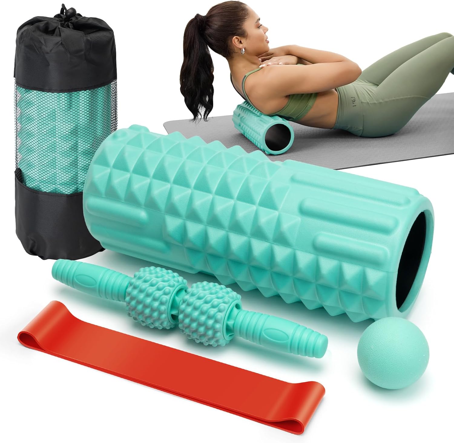 5 in 1 Foam Roller Set – Back Roller Foam, Massage Roller Stick, Massage Ball, Resistance Band for Physical Therapy & Deep Tissue Muscle Massage (Green)