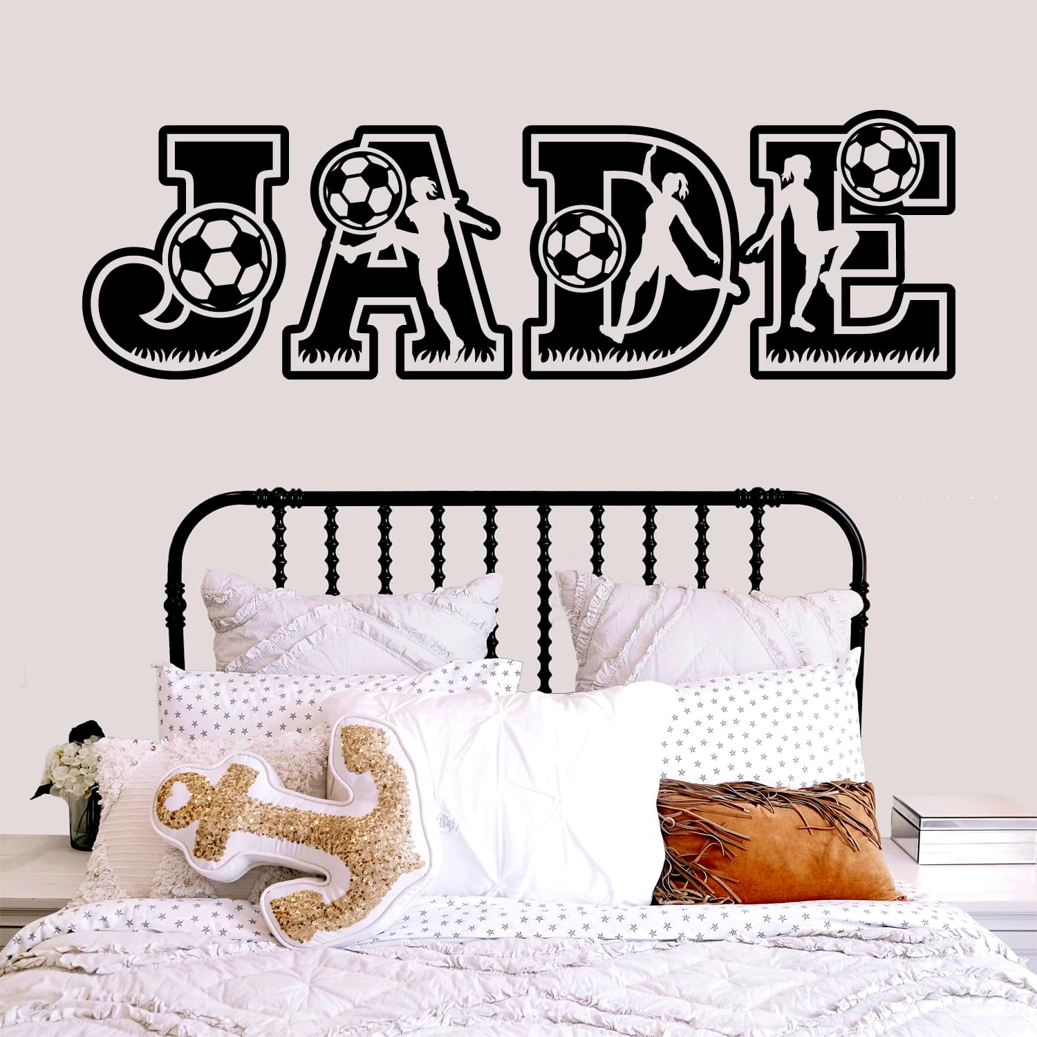 Soccer Custom Name Vinyl Wall Decal Sticker Art for Girls Rooms, Personalized Female Ball Player Theme Bedroom Home Decor for Teens and Kids