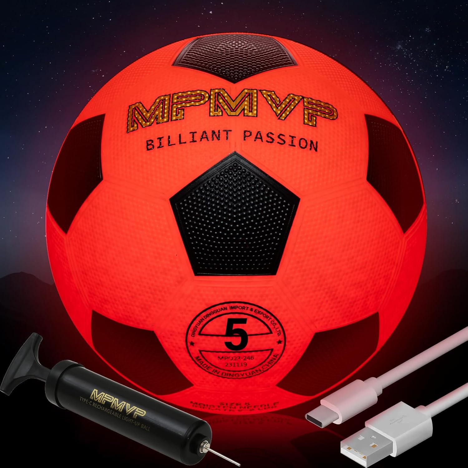Rechargeable Glow in The Dark Soccer Ball – USB Charging, Official Size 5, Light Up with Every Kick, Includes Pump, Ball Bag & Charging Cable – Rechargeable Light Up Soccer Ball – Orange