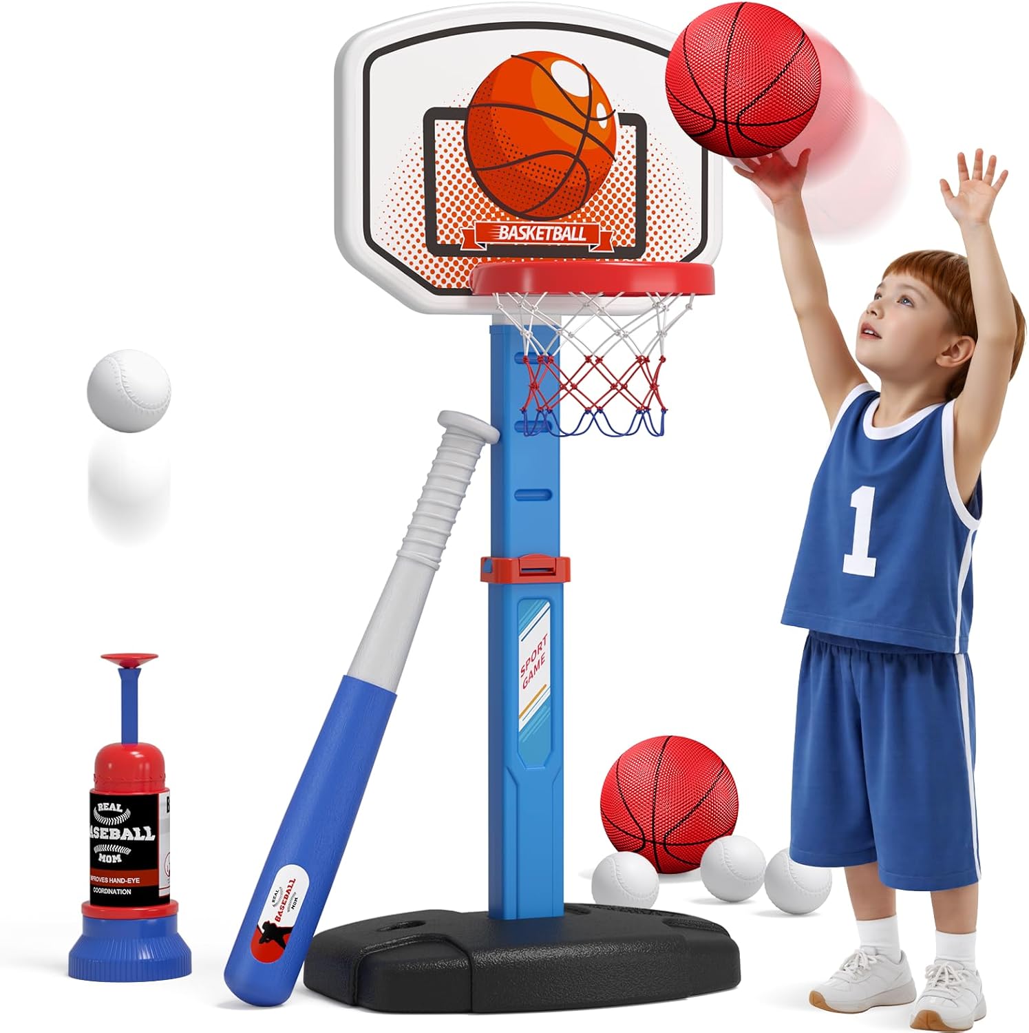 2 in 1 Kids Basketball Hoop and T Ball Set – Adjustable Height, Kids Baseball Tee with Automatic Pitching Machine, Indoor Outdoor Sport Toys Gifts for Toddler Boys Girls Age 1-5, Blue