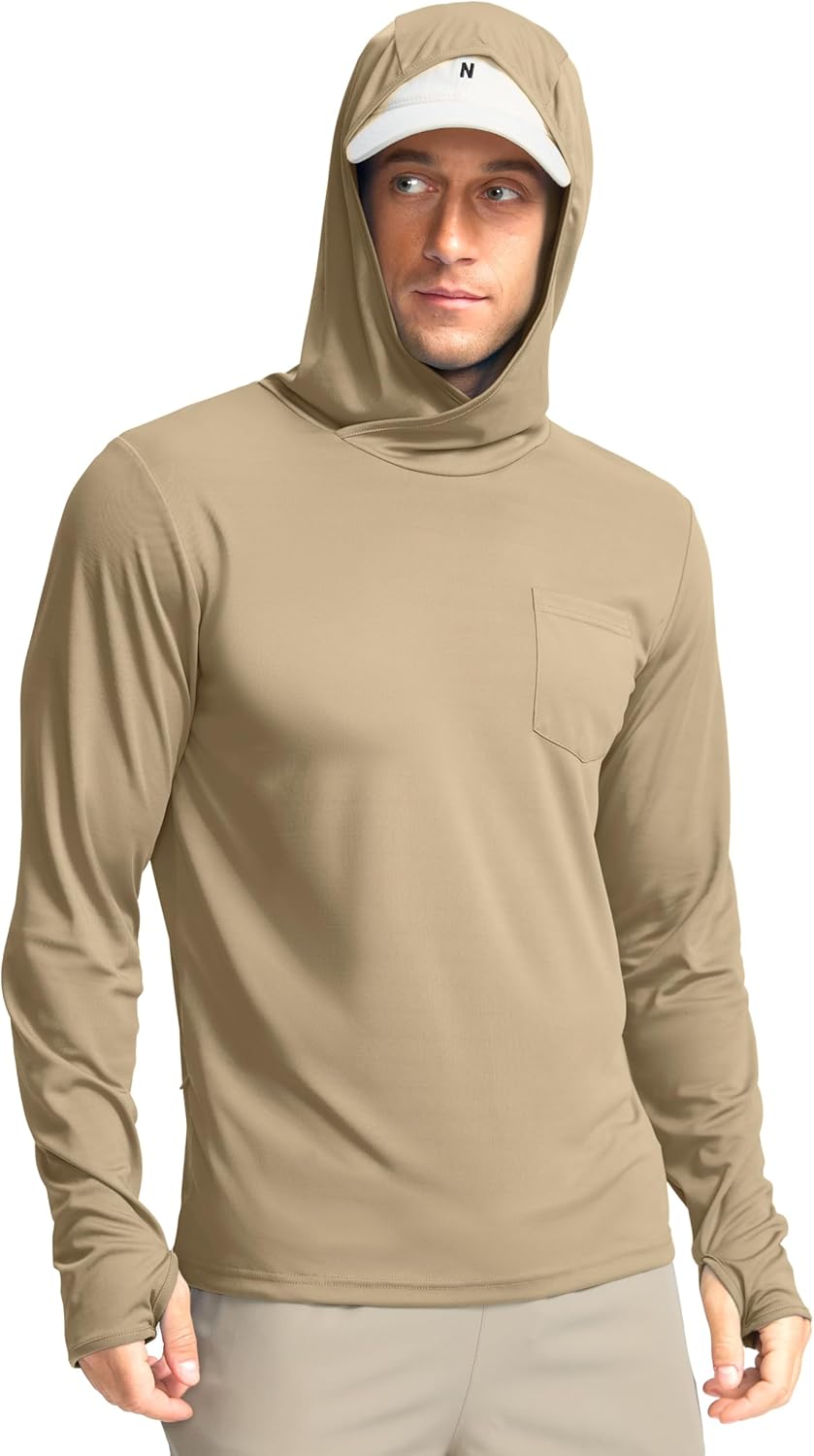 Men’s Sun Protection Shirts UPF 50+ Long Sleeve Hoodie with 2 Pockets UV SPF Fishing Hiking Rash Guard Shirts