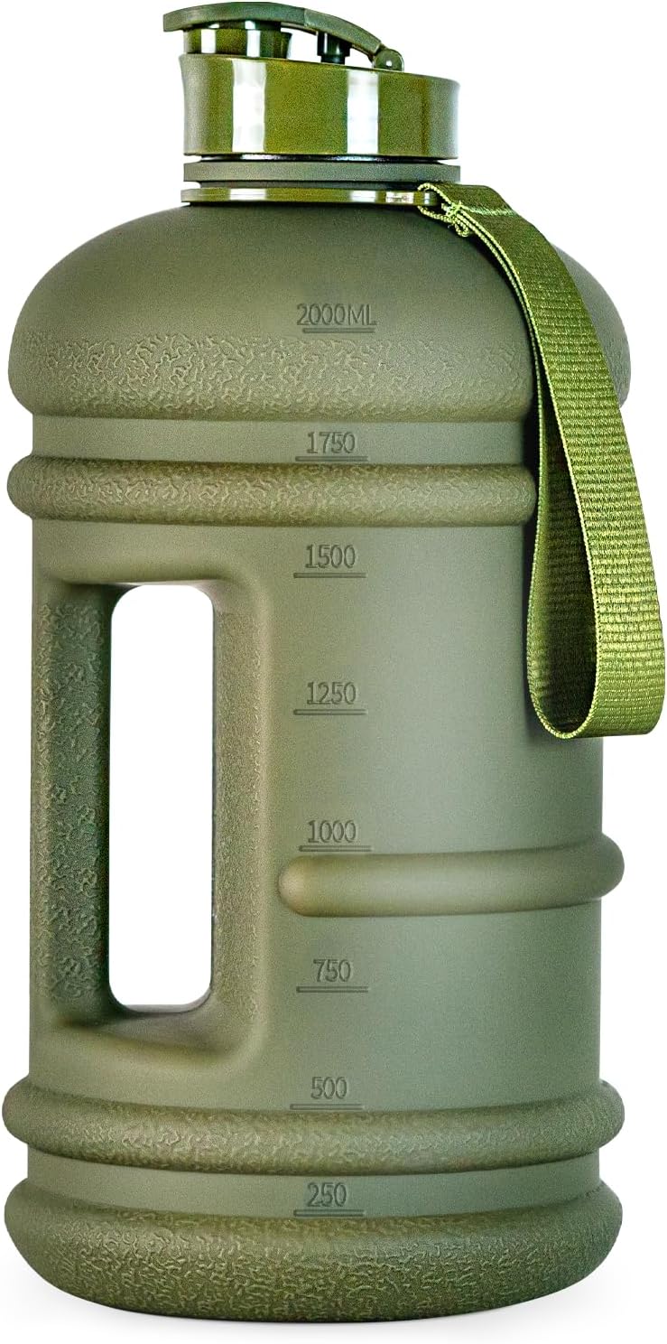 TOOFEEL 2.2 Liters Gym Big Sports Water Bottles for Men – Reusable BPA Free Plastic Clear Water Jug – Unique Water Bottles, Comfurtable to Touch and Easy to Clearn – Matte Olive Water Boottle