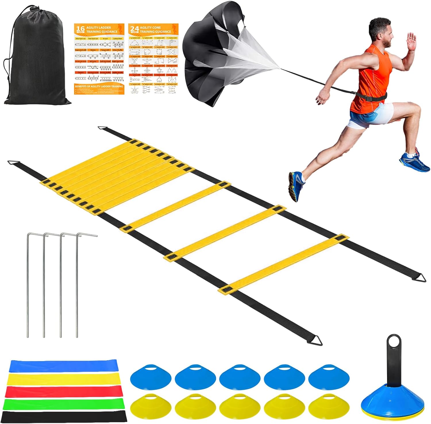 Speed Agility Training Equipment Set – 20ft Agility Ladder, 10 Disc Cones, Resistance Parachute, 5 Resistance Bands & Carry Bag | Football Soccer Basketball Fitness Drills for Kids Adults