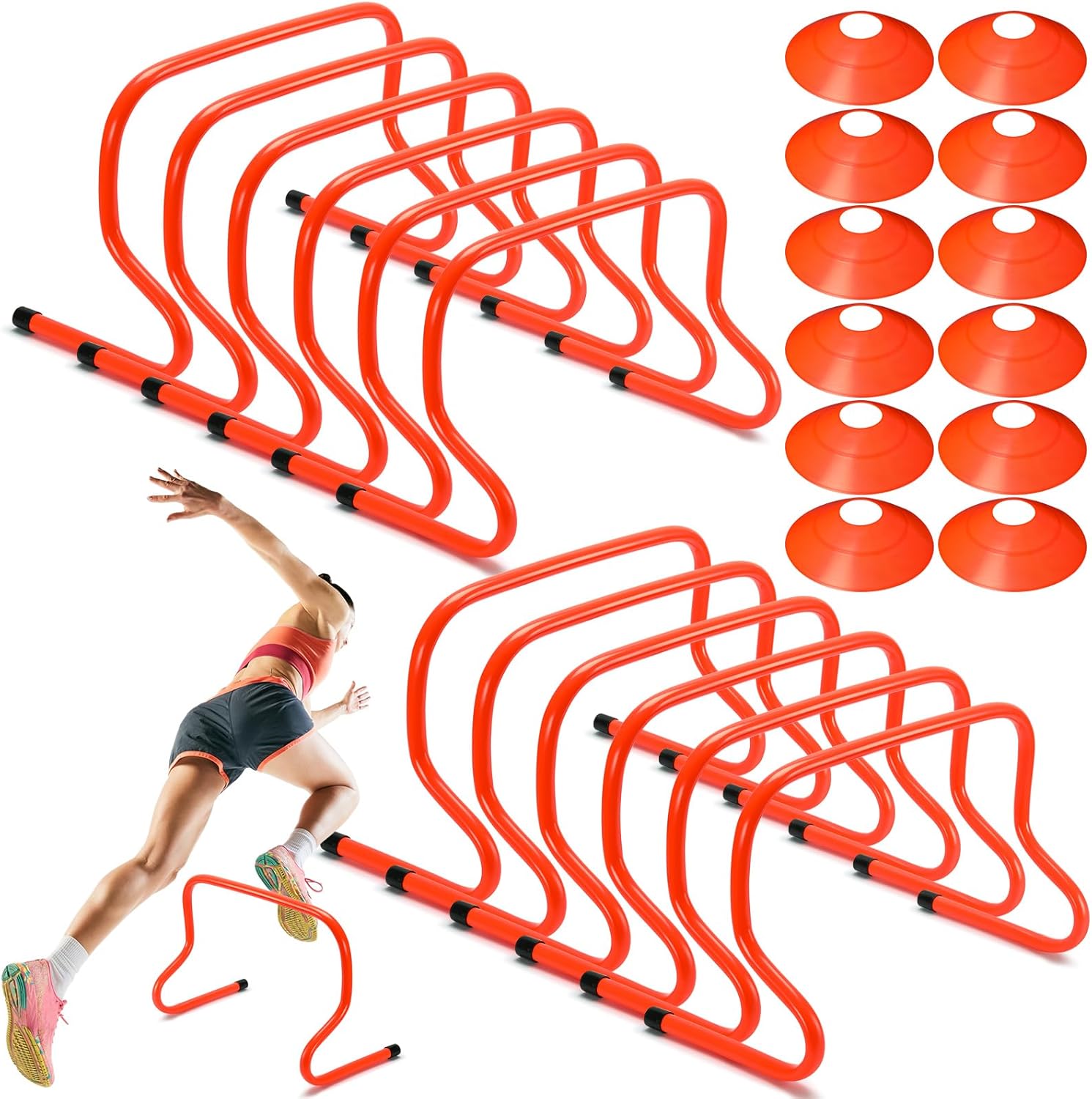 12 Pieces 12 Inch Agility Hurdles and Marker Cone Set Disc Cones Speed and Agility Training Equipment Speed Hurdles for Athletes Sports Soccer Football Tennis Basketball Practice