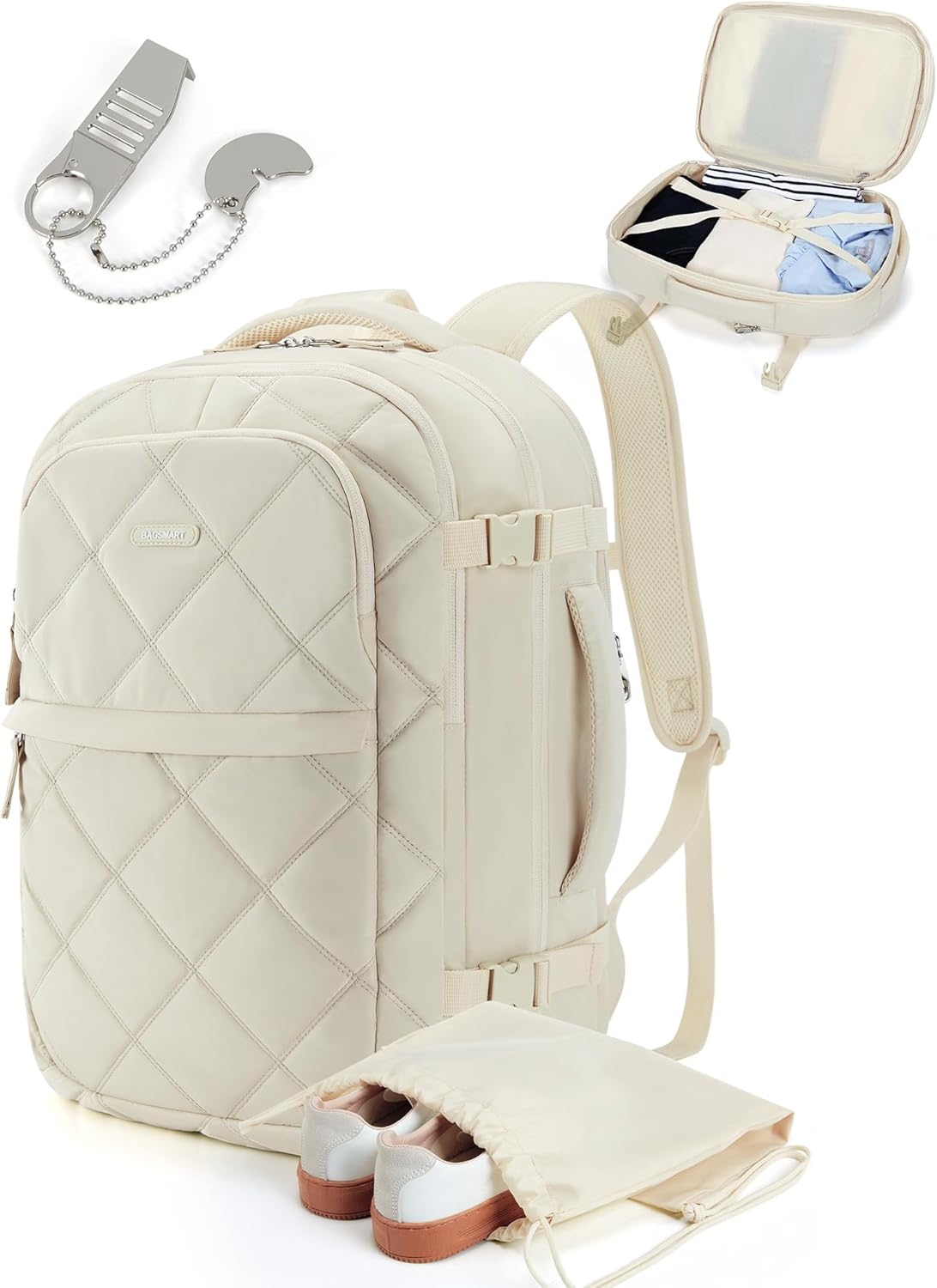 BAGSMART Travel Backpack, 30L Flight Approved Carry on Backpack with Door Lock, TSA Personal Item Backpack with 15.6 Inch Laptop Compartment & Shoe Bag,Suitcase for Travel, Classic Beige
