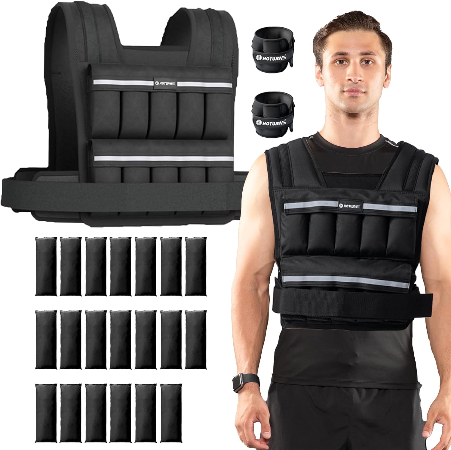 HOTWAVE Weighted Vest, 2-18 lbs Weighted Vest with Ankle Weights Woman Men Adjustable – Weight Vest with Reflective for Men Women, Body Light Walk Weight Vest for Running Walking Workout Fitness