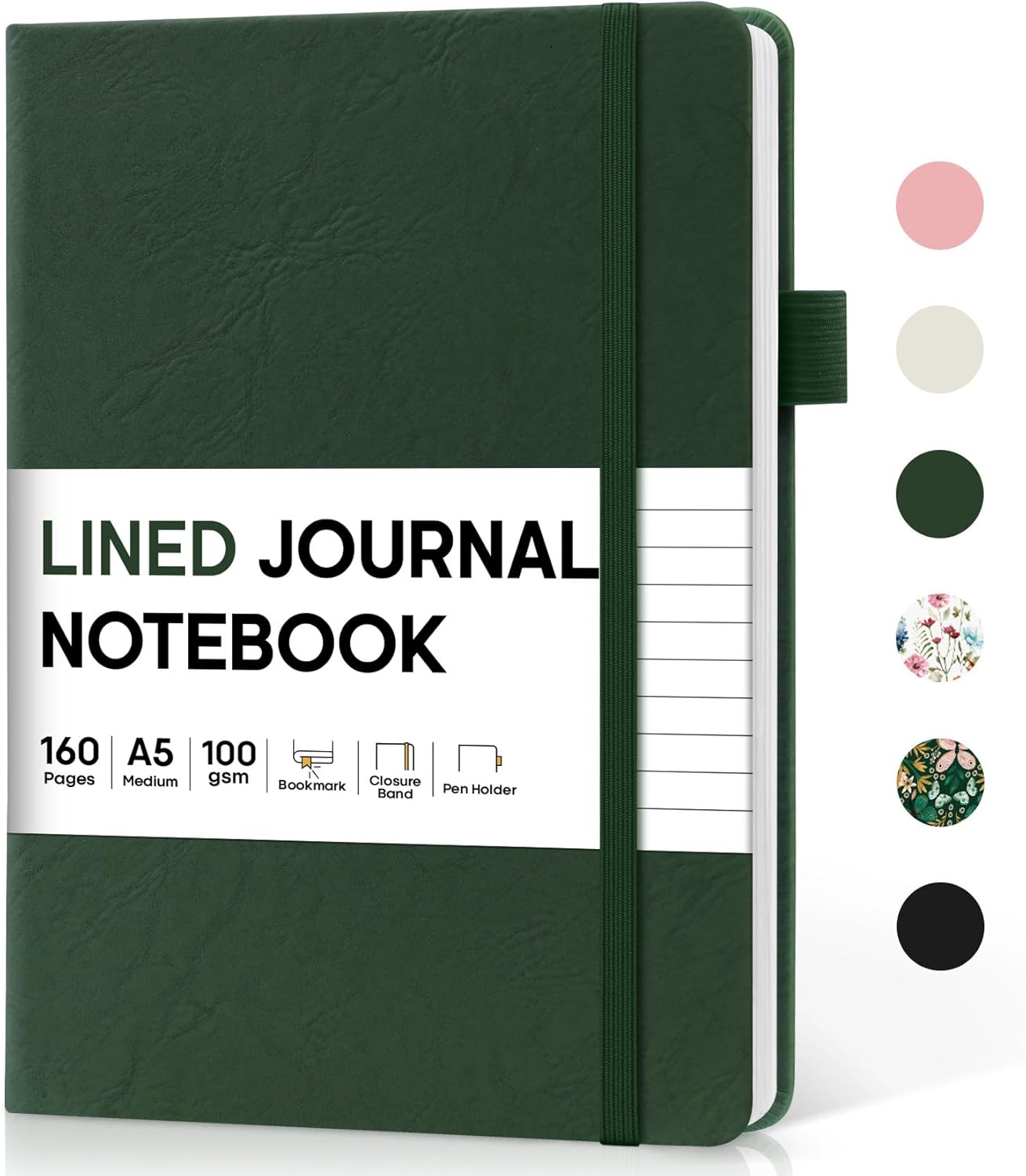 Lined Journal Notebook for Women & Men, Hardcover Leather Journal for writing, A5 College Ruled Notebook for Work & Note Taking, Perfect for Office School Home Supplies, 160 Pages, Dark Green
